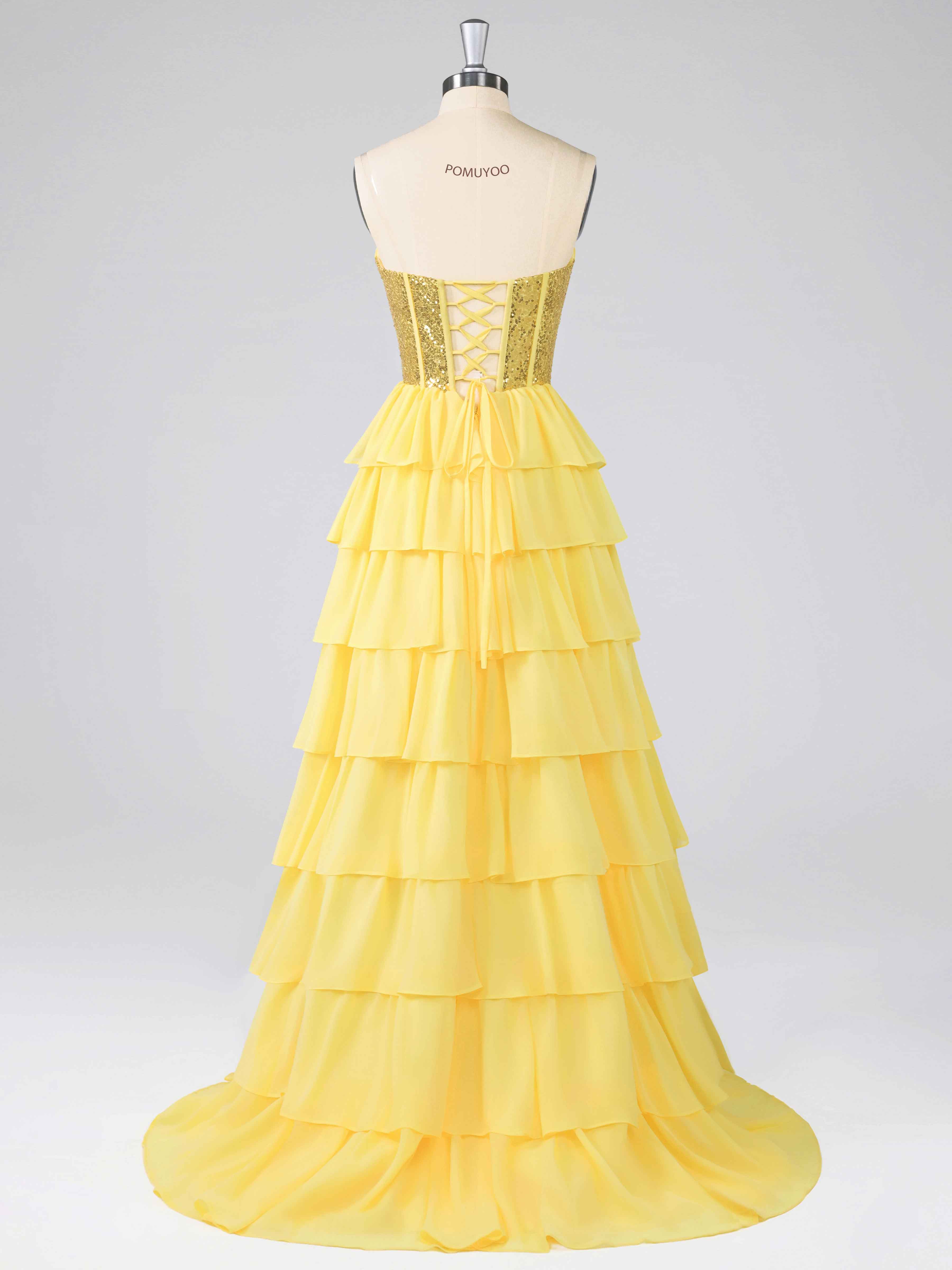 Elytharae Gorgeous Strapless Sequins Tiered Chiffon Long Prom Dresses