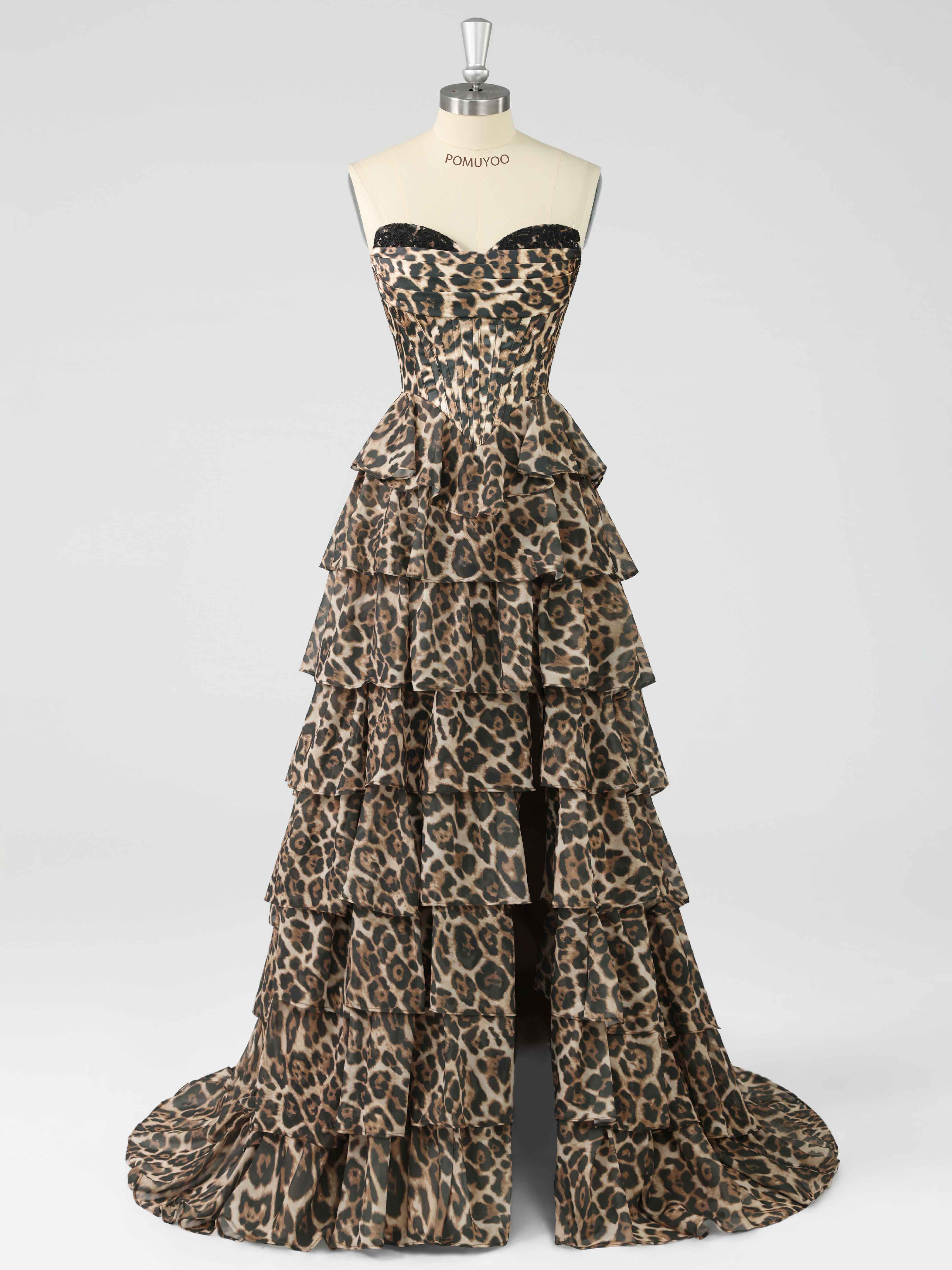 Graelitharae Glamorous Leopard-Print Sweetheart Cascading Ruffles Corset Floral Tiered Prom Dresses