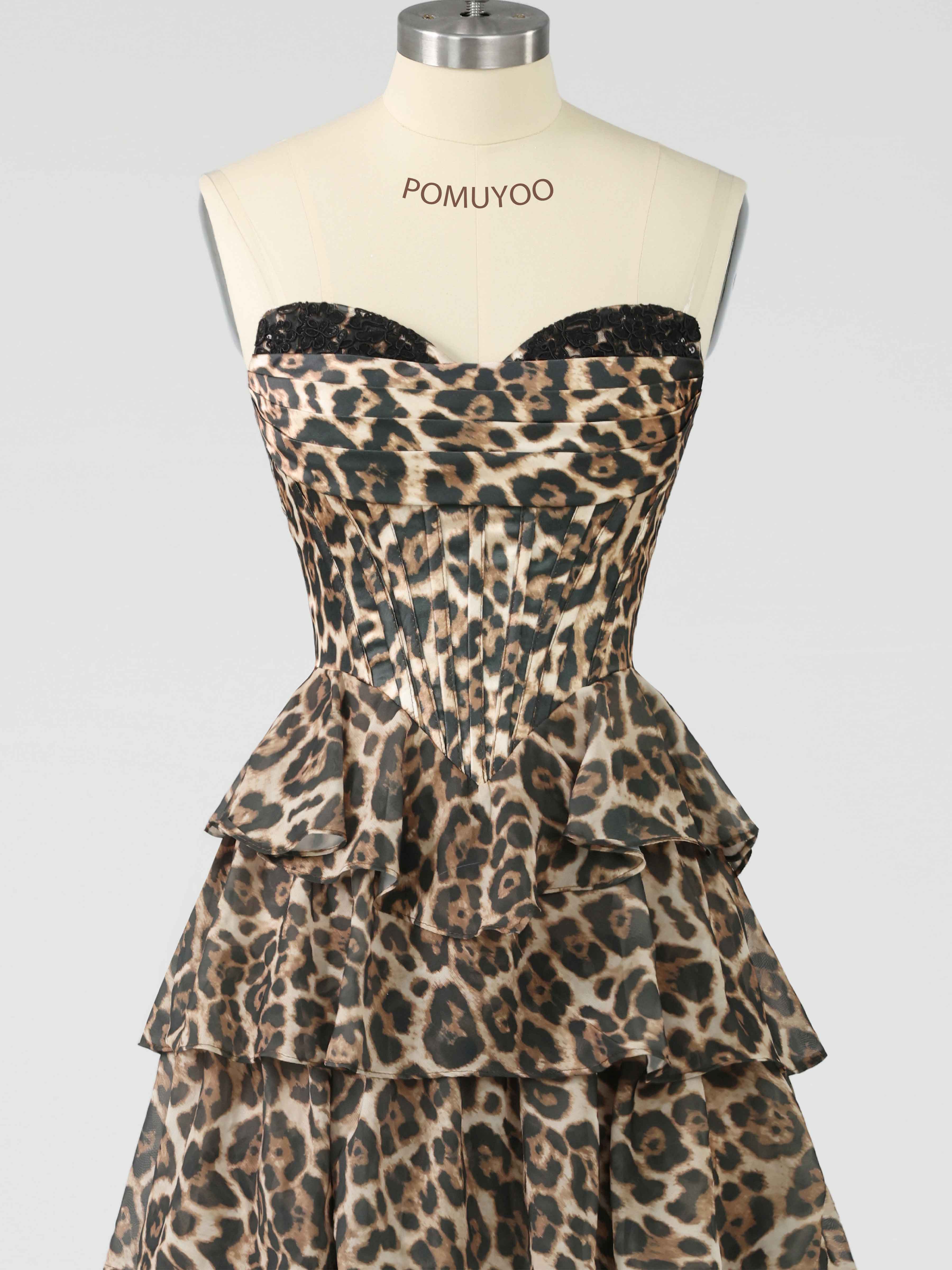 Graelitharae Glamorous Leopard-Print Sweetheart Cascading Ruffles Corset Floral Tiered Prom Dresses