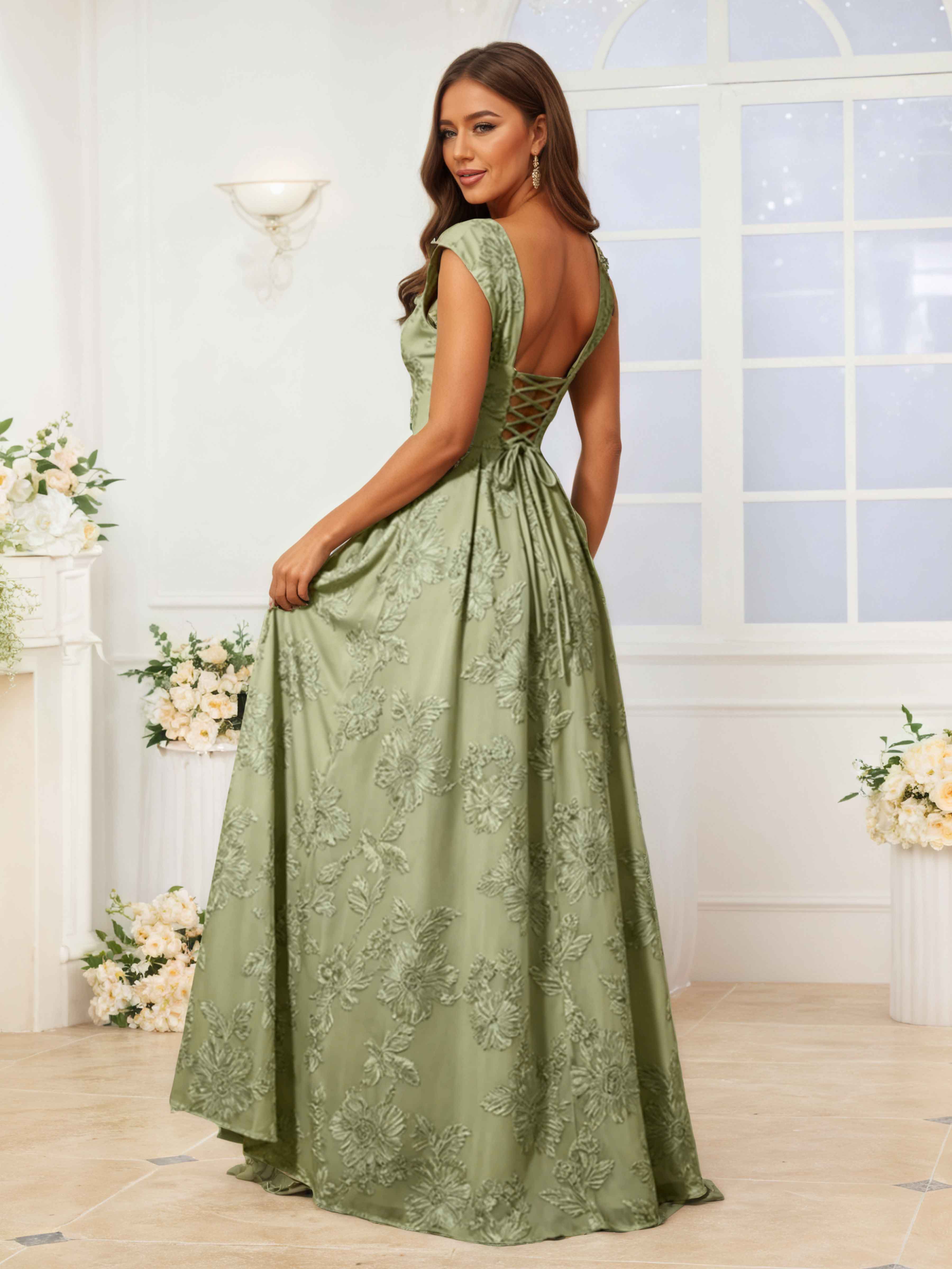 Hana A-Line Off the Shoulder Floral Ribbon Long Party Dresses