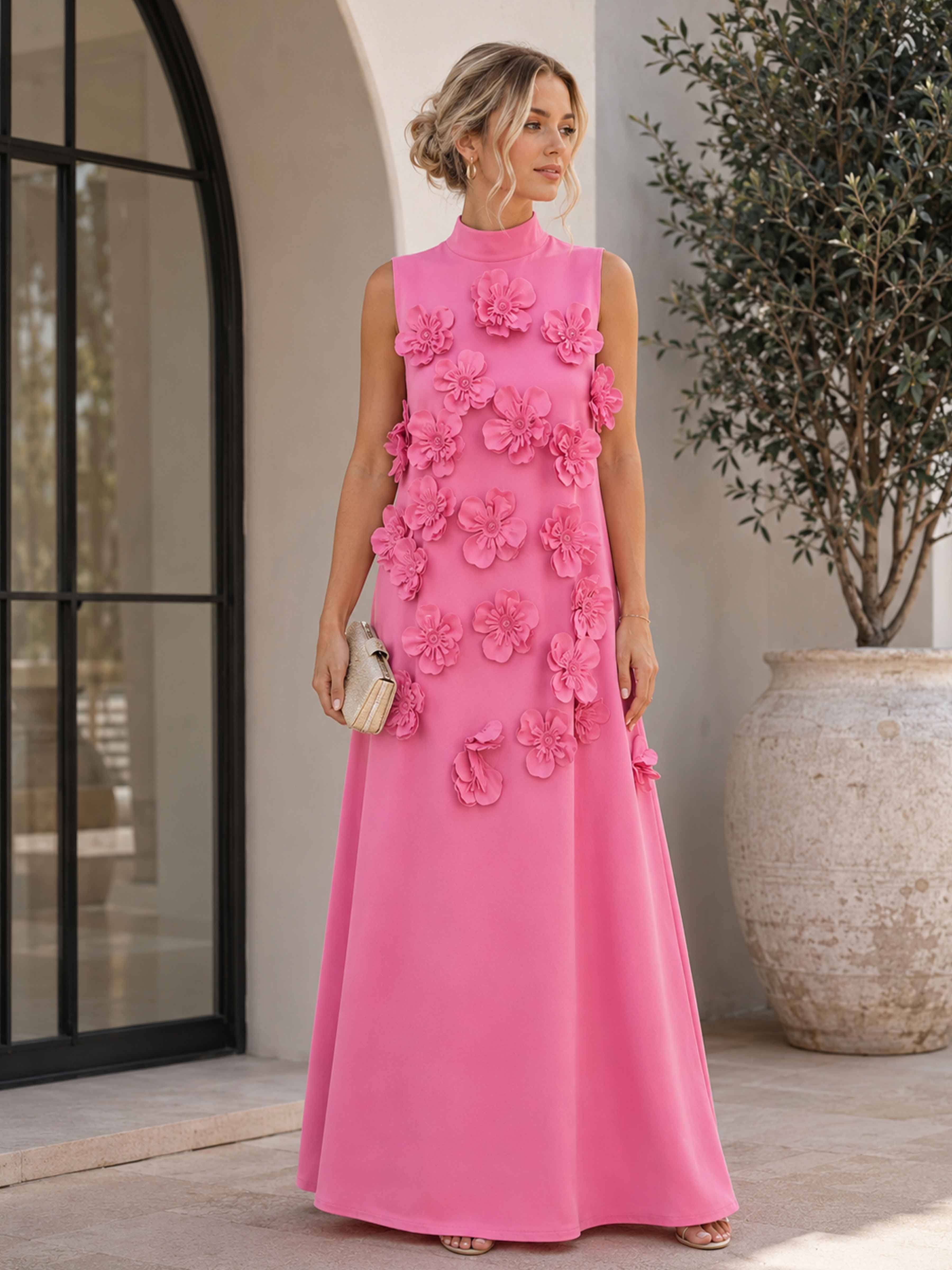 Rosalynne A-Line High Neck Long Formal Dress with 3D Flowers, As Picture