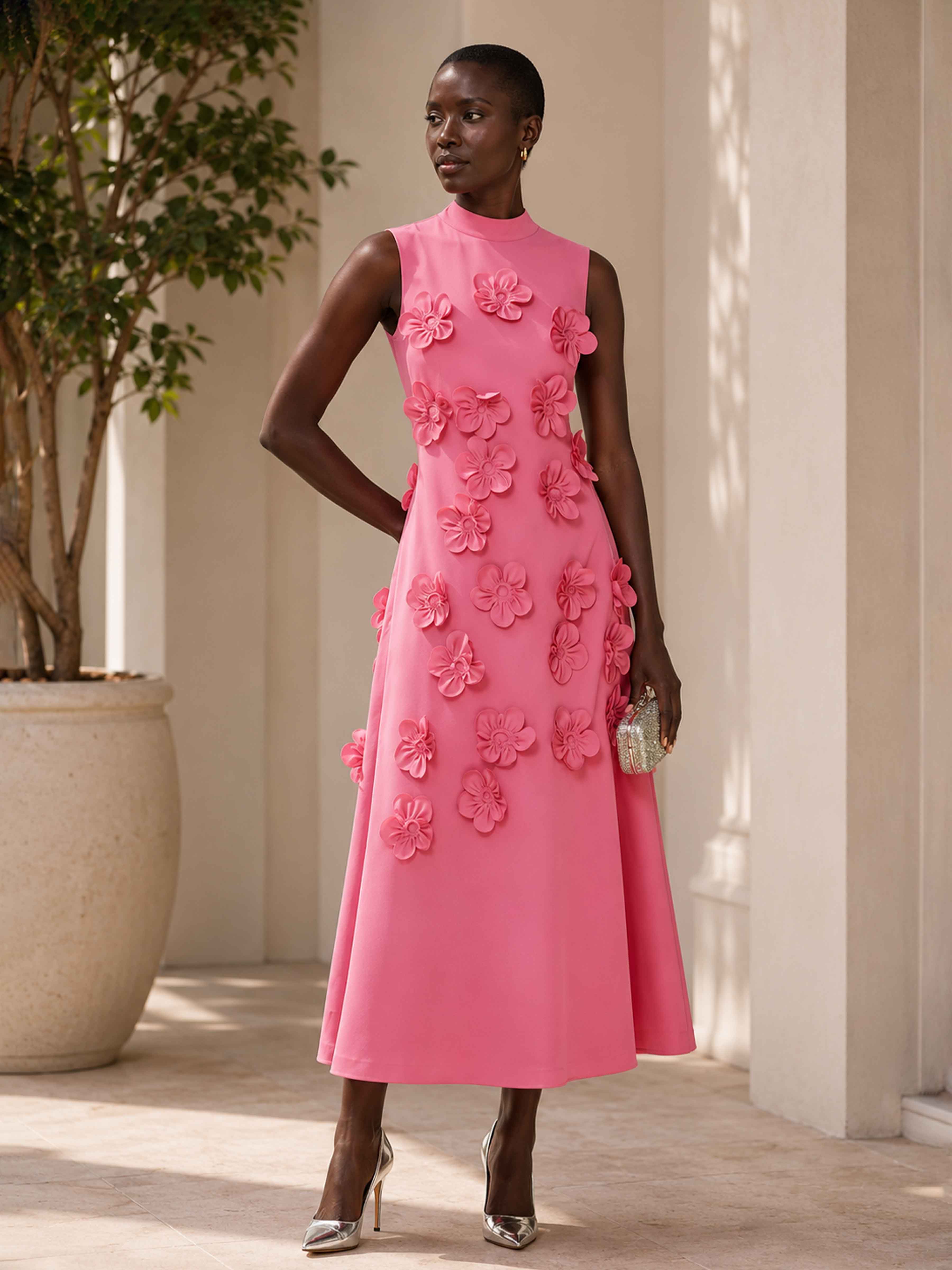 Zarela High Neck 3D Flowers Tea Length Cocktail Dress, As Picture