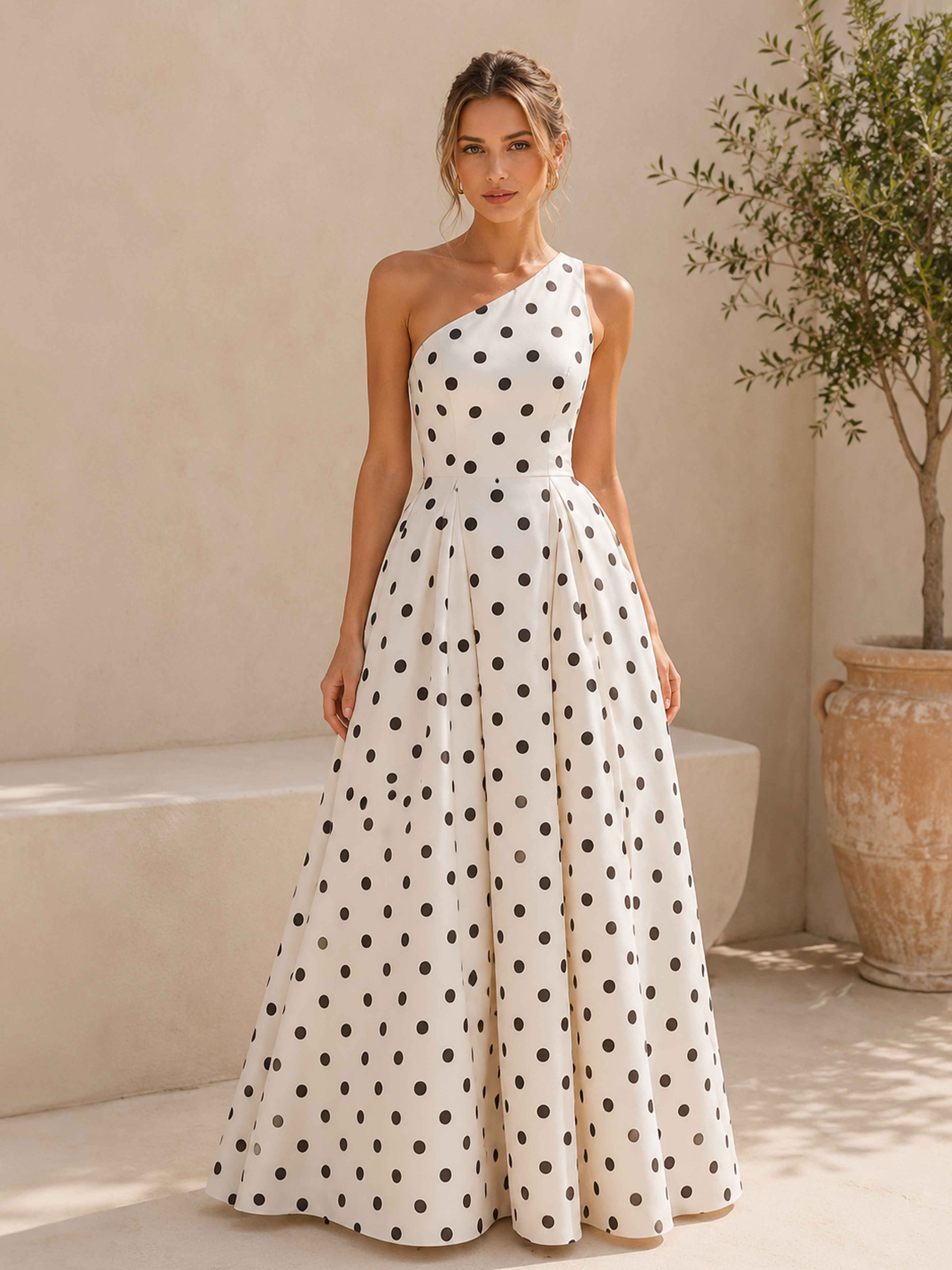 Solenne One Shoulder A-Line Pleated Long Polka Dot Satin Formal Dresses