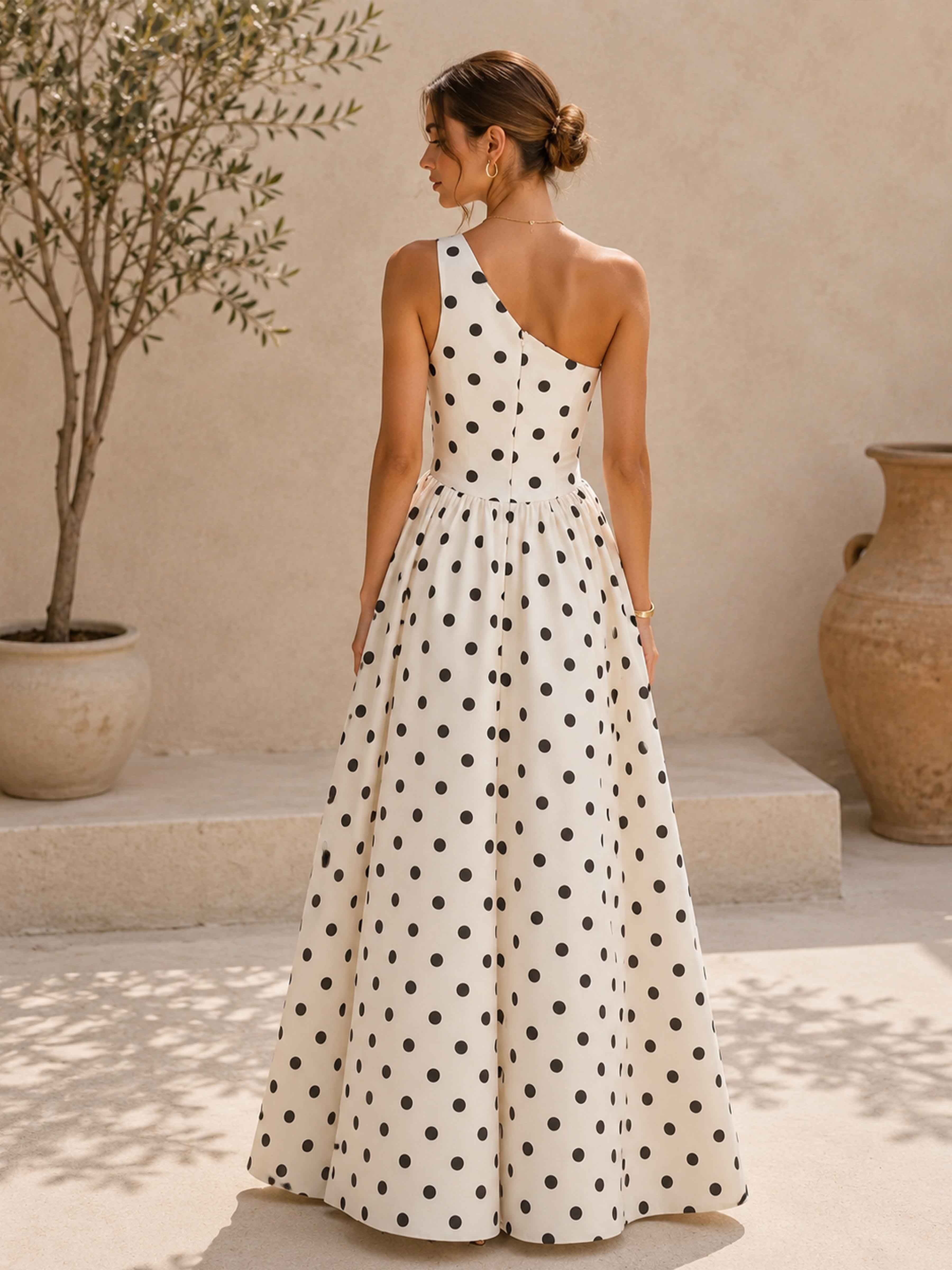 Solenne One Shoulder A-Line Pleated Long Polka Dot Satin Formal Dresses