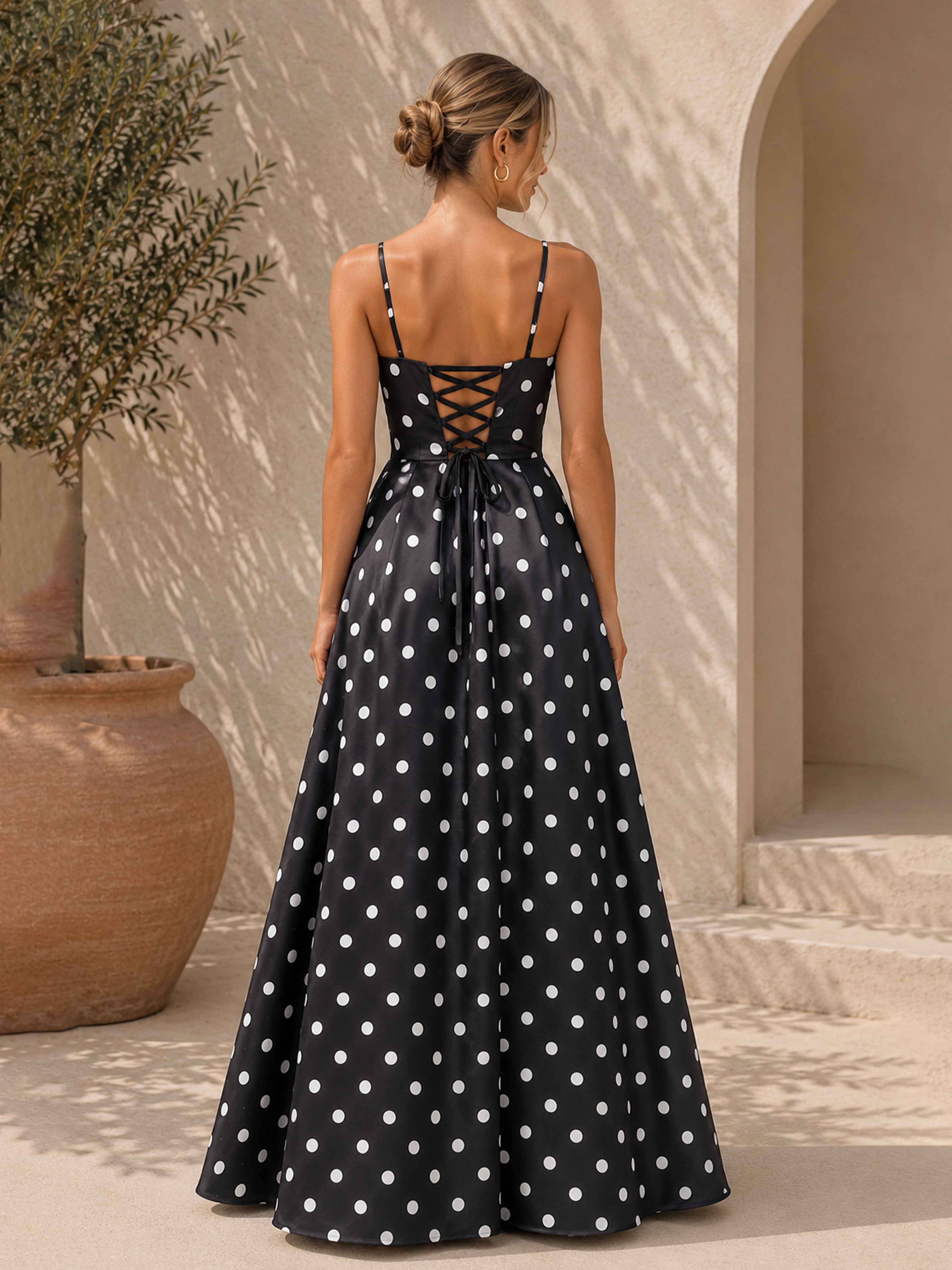 Virelia Gorgeous Spaghetti Straps V Neck Pleated Long Polka Dot Satin Formal Dresses