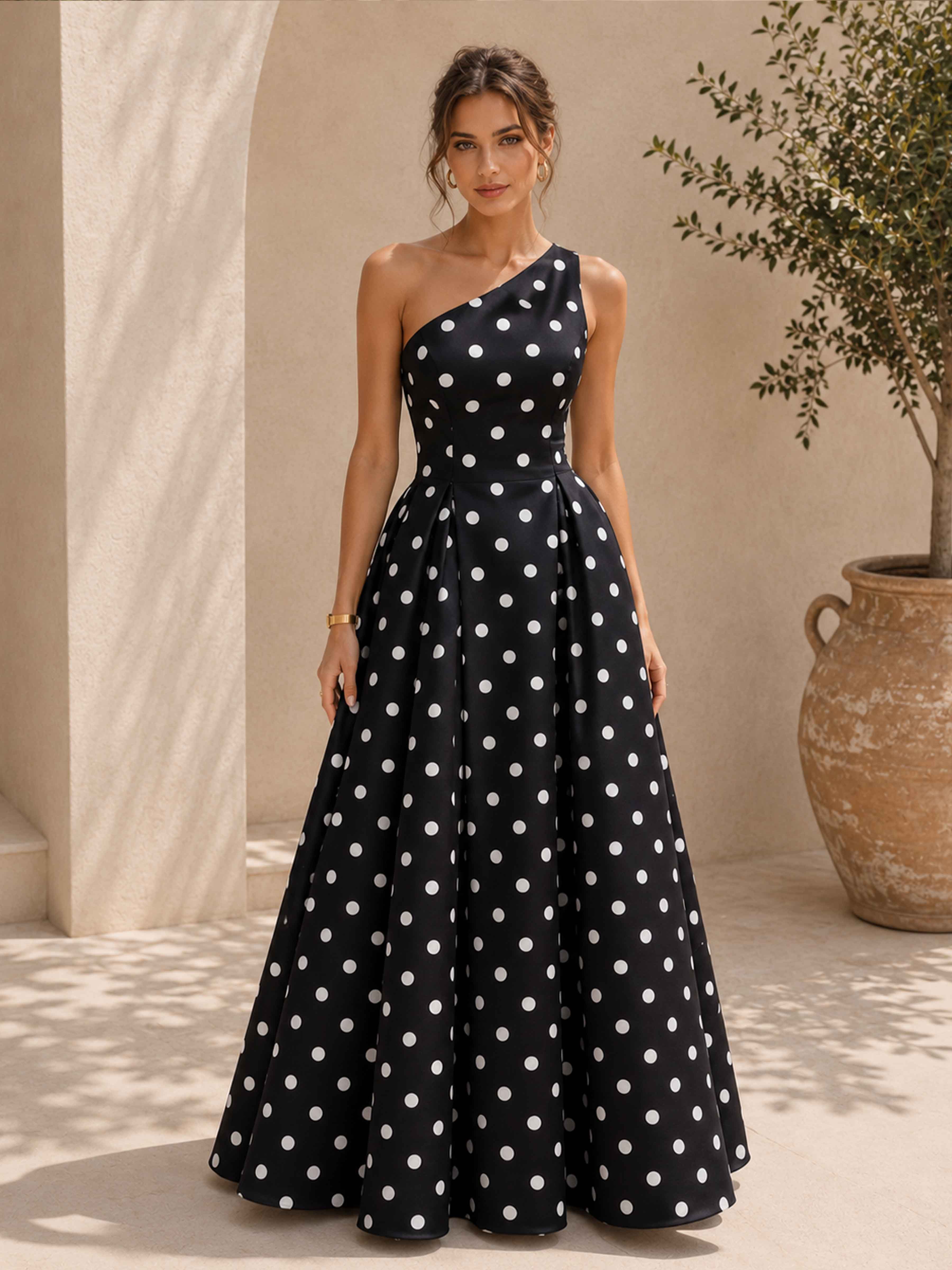 Calindra Elegant One Shoulder A-Line Pleated Long Polka Dot Satin Prom Dresses