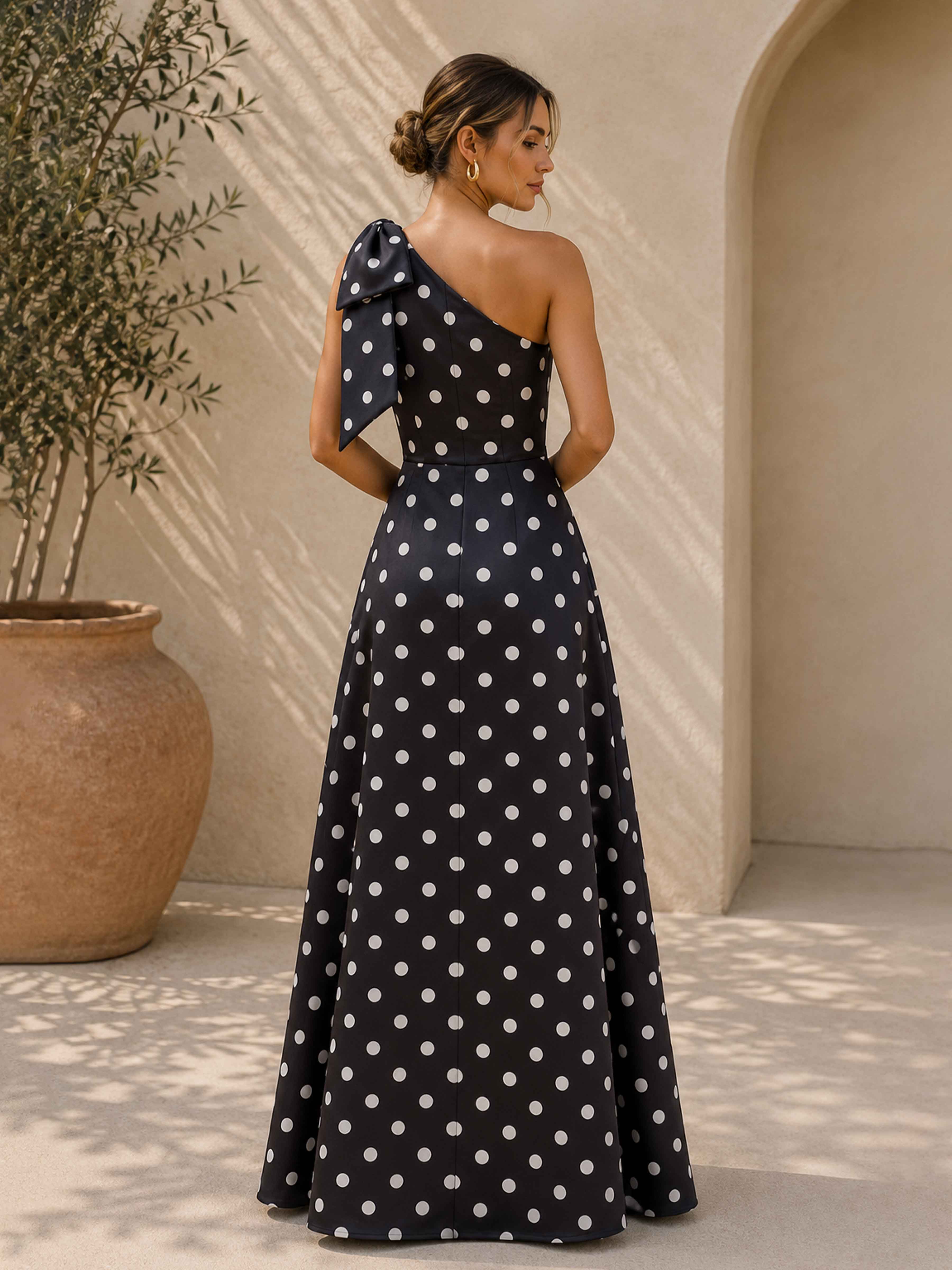 Avrielle Chic One Shoulder Bow Slit Long Polka Dot Satin Prom Dresses