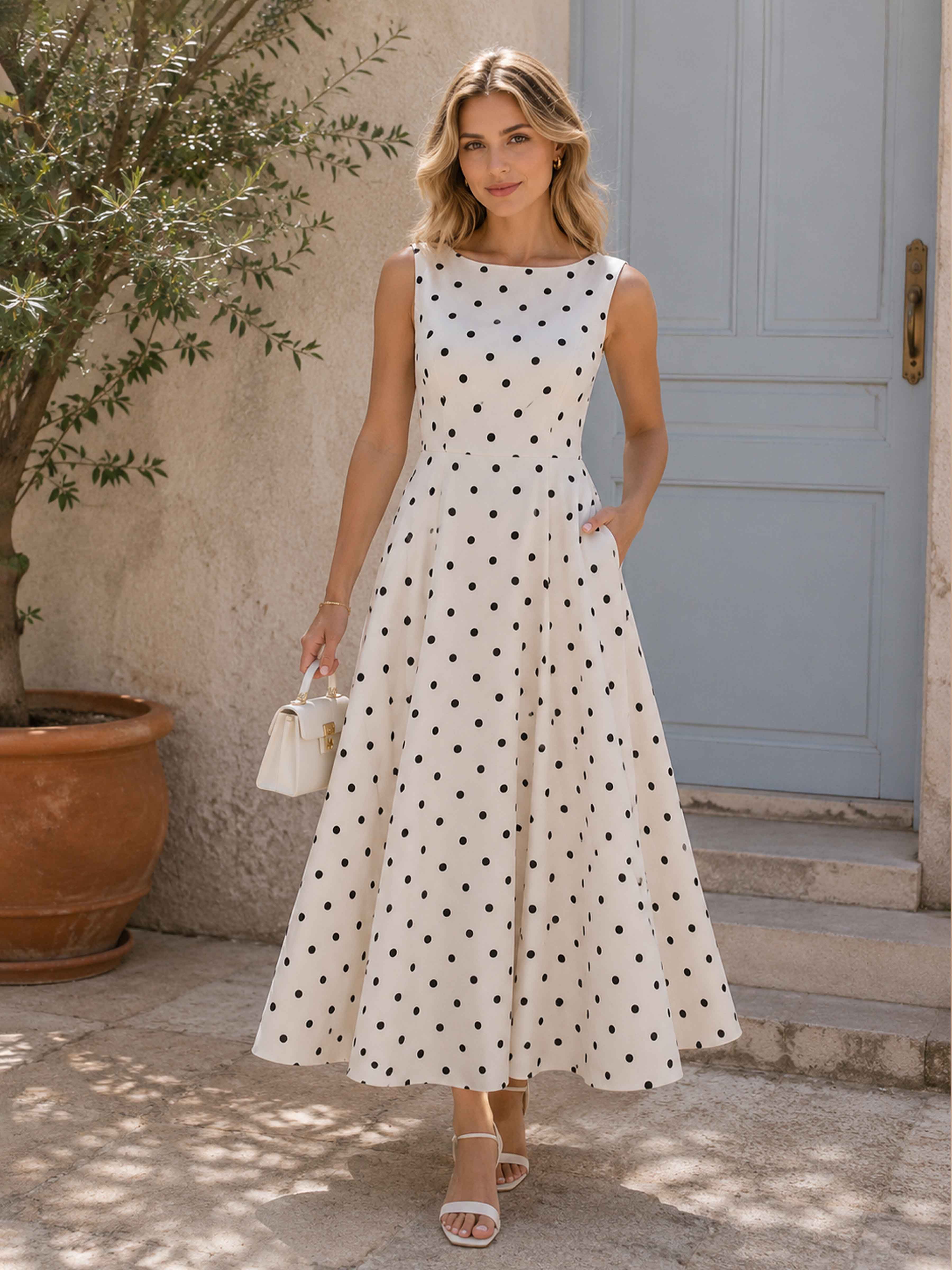 line and dot dresses Zephina Classic Bateau Neck A-Line Polka Satin Party Viscose / Viscose Oh Polly Perla Embellished garden parties Color:Petal Garden