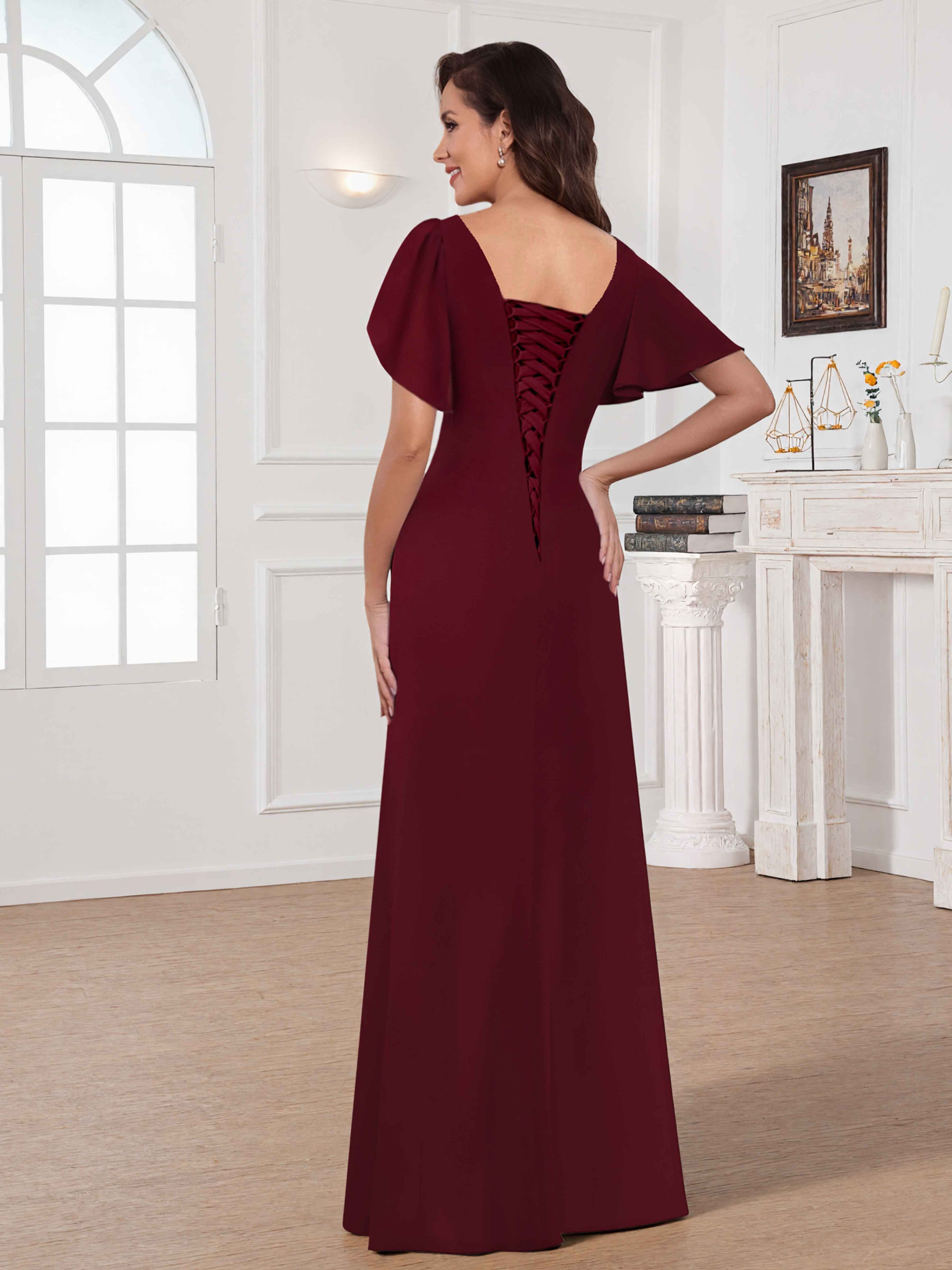 Aureline Elegant V Neck Flutter Sleeves Appliques Long Chiffon Bridesmaid Dresses