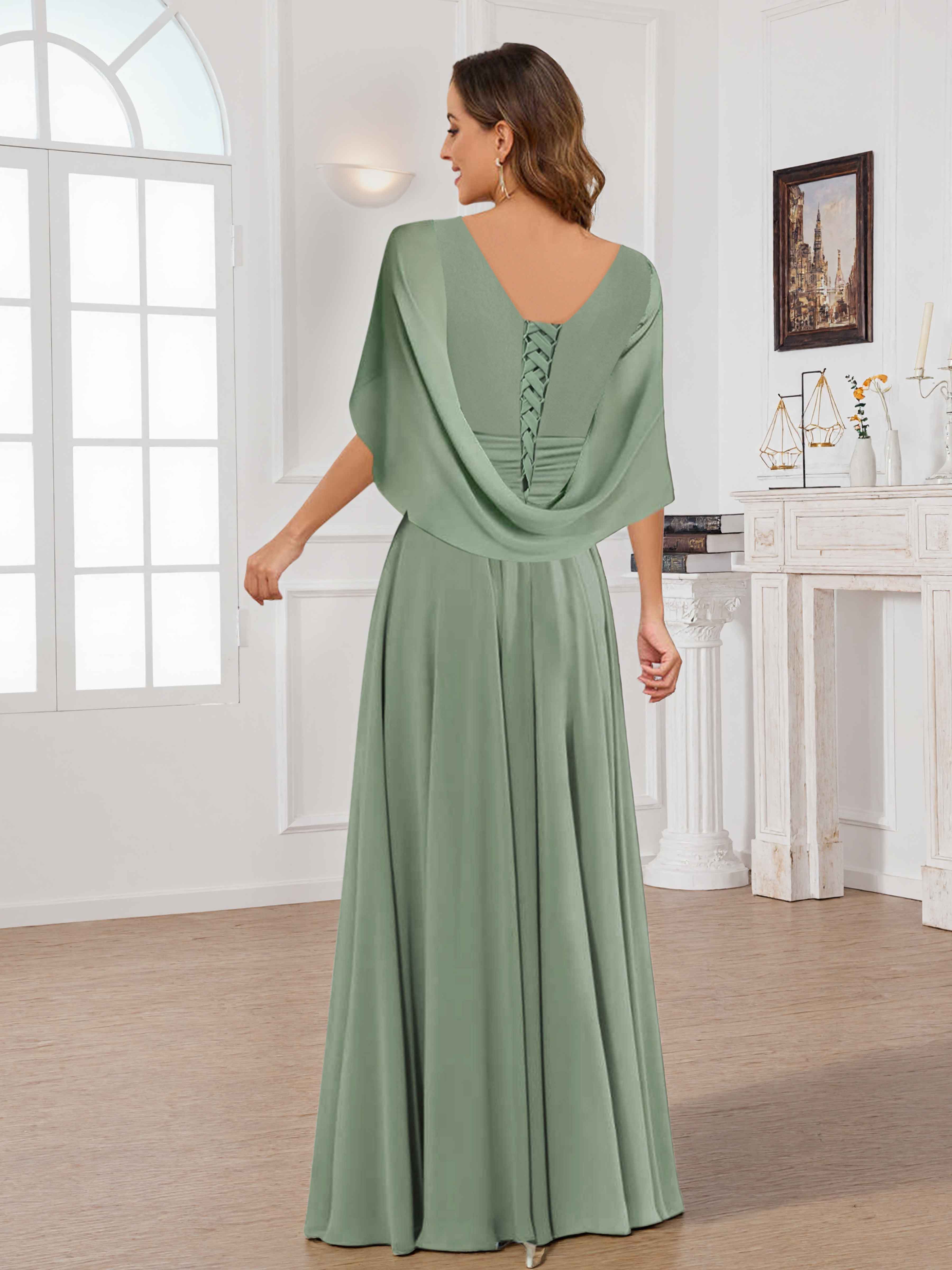 Meliora Graceful V Neck Cape Sleeves Beading Long Chiffon Bridesmaid Dresses