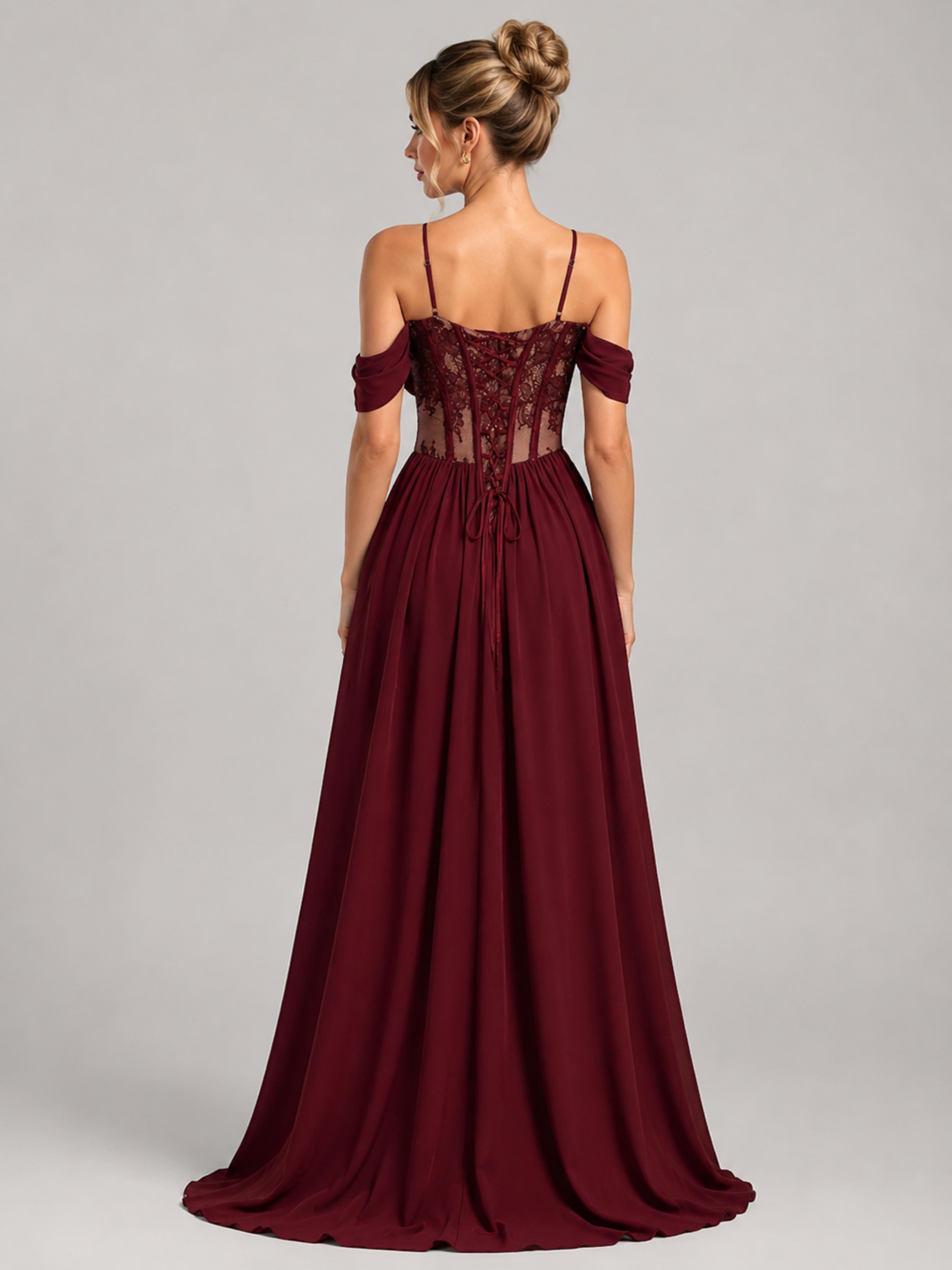 Thalina Romantic Spaghetti Straps Lace Corset Slit Long Chiffon Bridesmaid Dresses