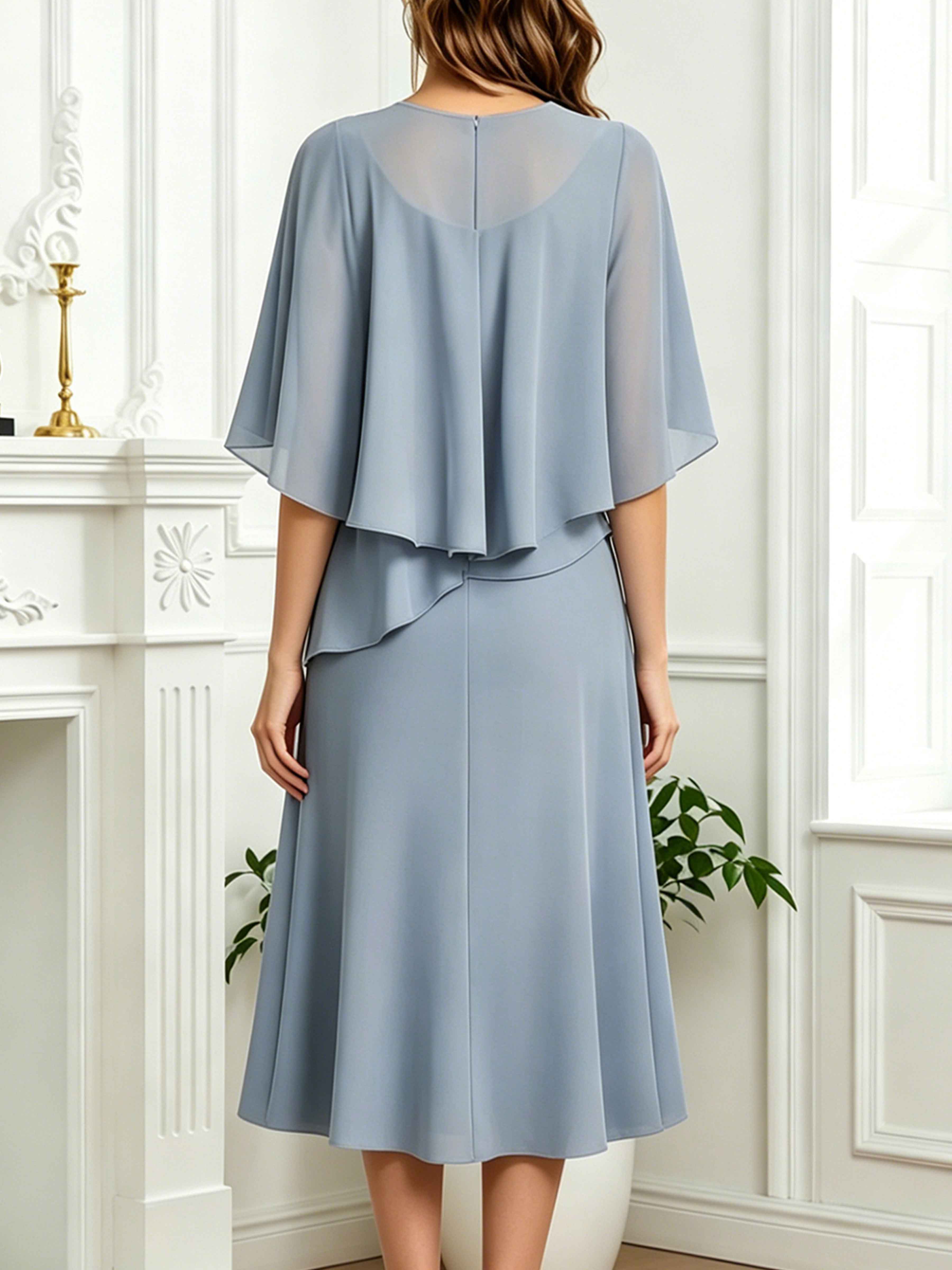 Vesperine Modest Scoop Cape Sleeves Layered Midi Chiffon Mother of the Bride Dresses
