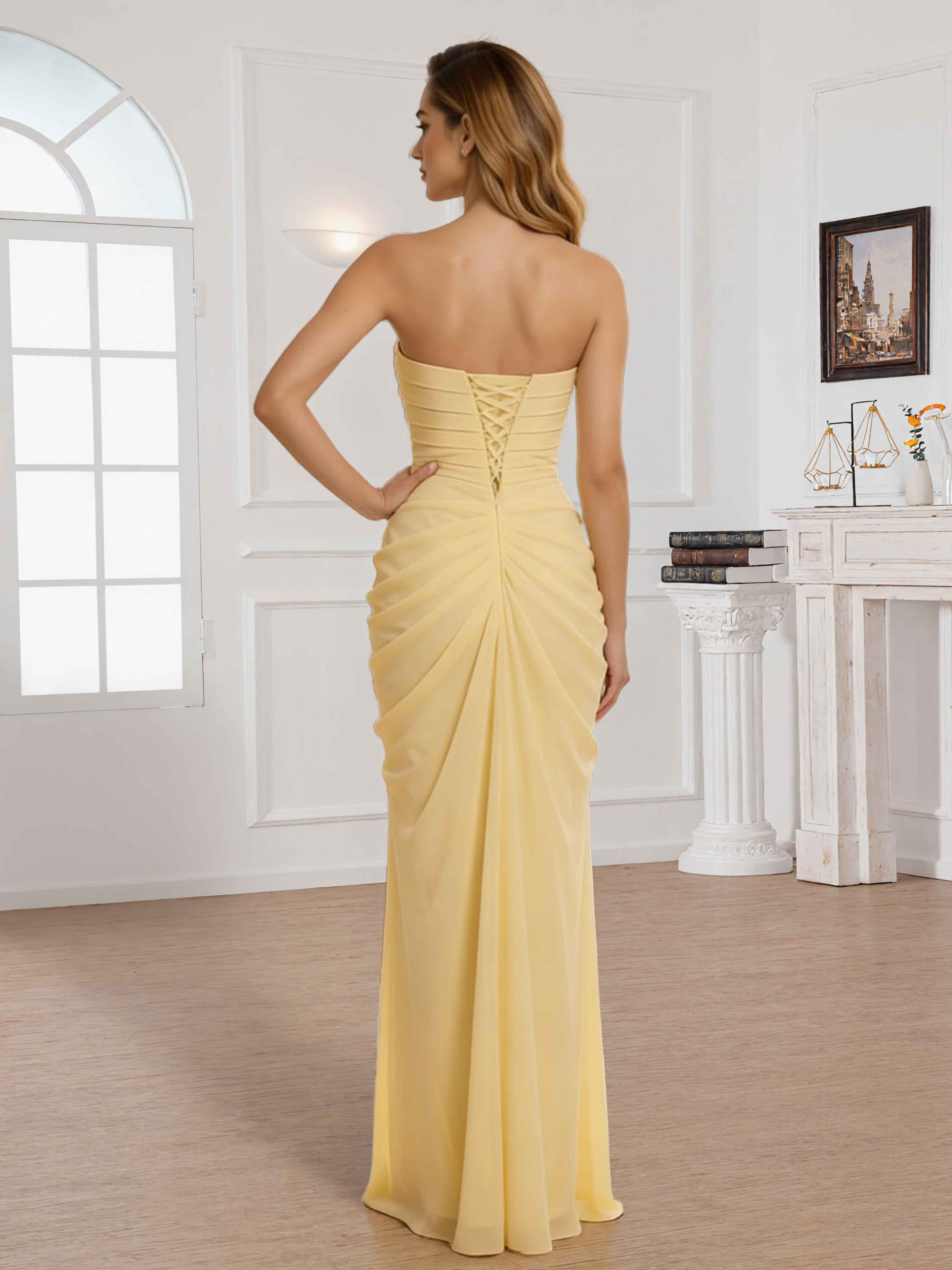 Arianell Trendy Strapless Ruched Slit Long Chiffon Bridesmaid Dresses