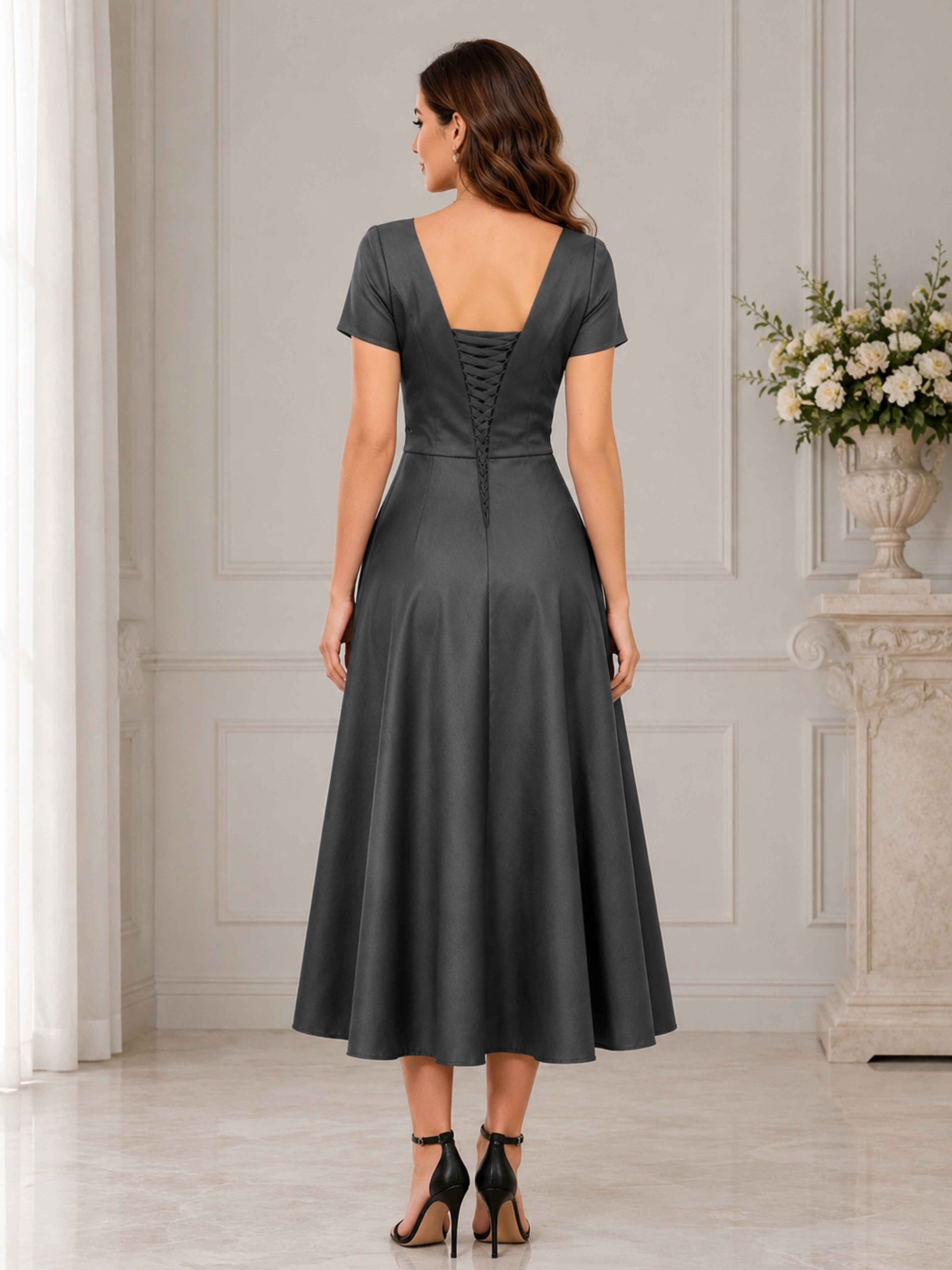 Liorenza Elegant V Neck Short Sleeves Ruffles Tea Length Satin Formal Dresses