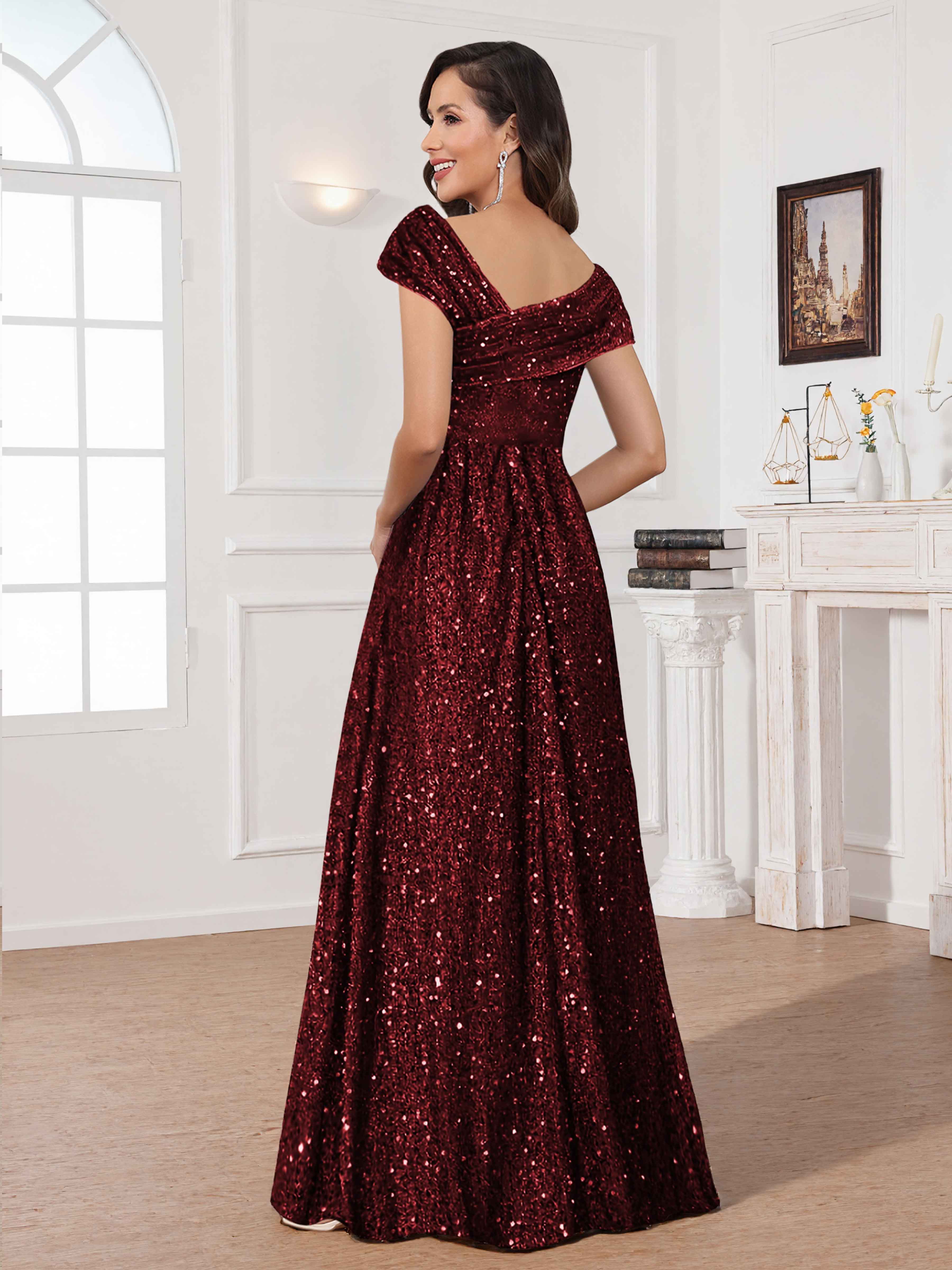 Maelina Glamorous Scoop Cap Sleeves Ruched Long Sequin Mother of the Bride Dresses