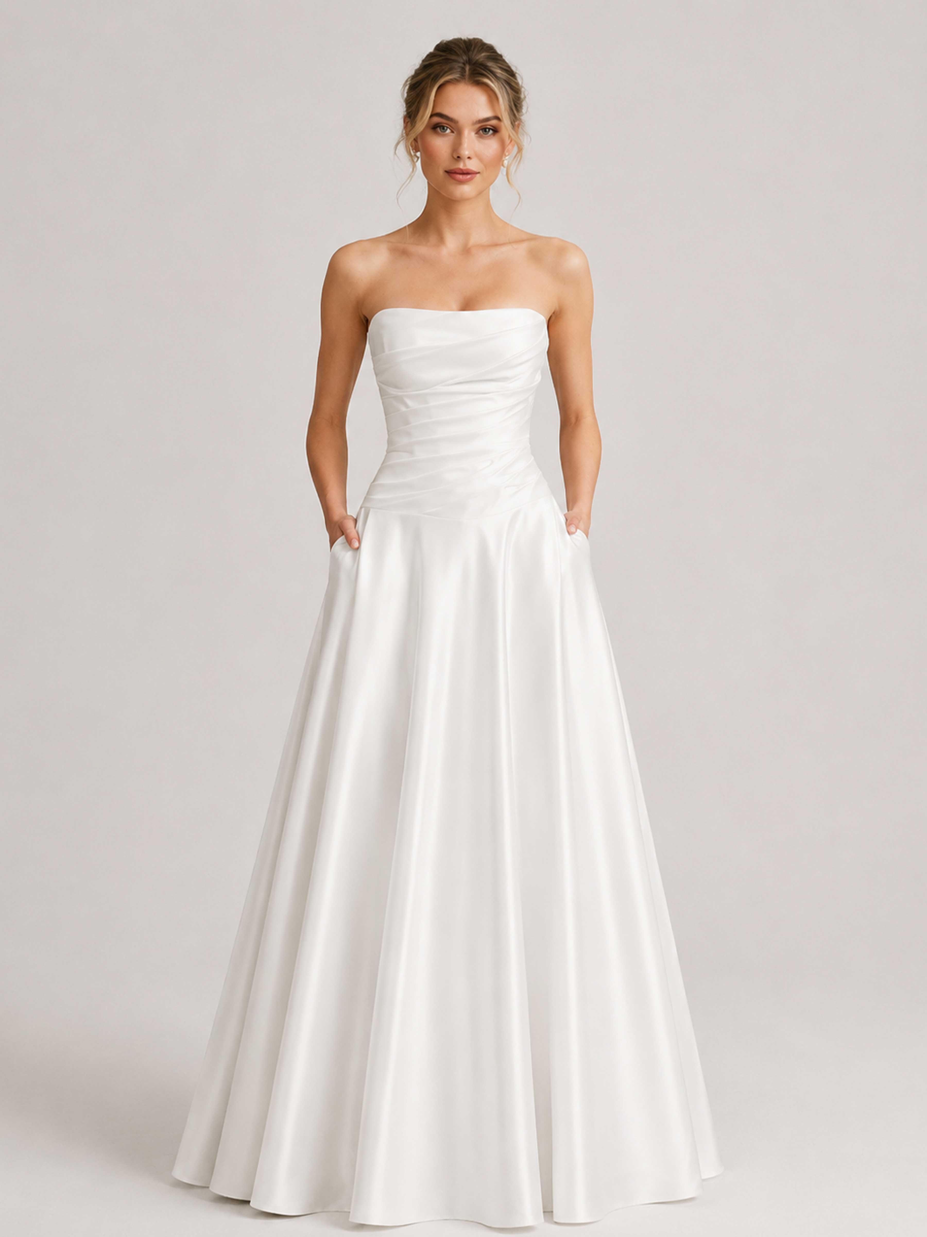 Soleira Strapless Ruched Satin A-Line Evening Gown with Pockets