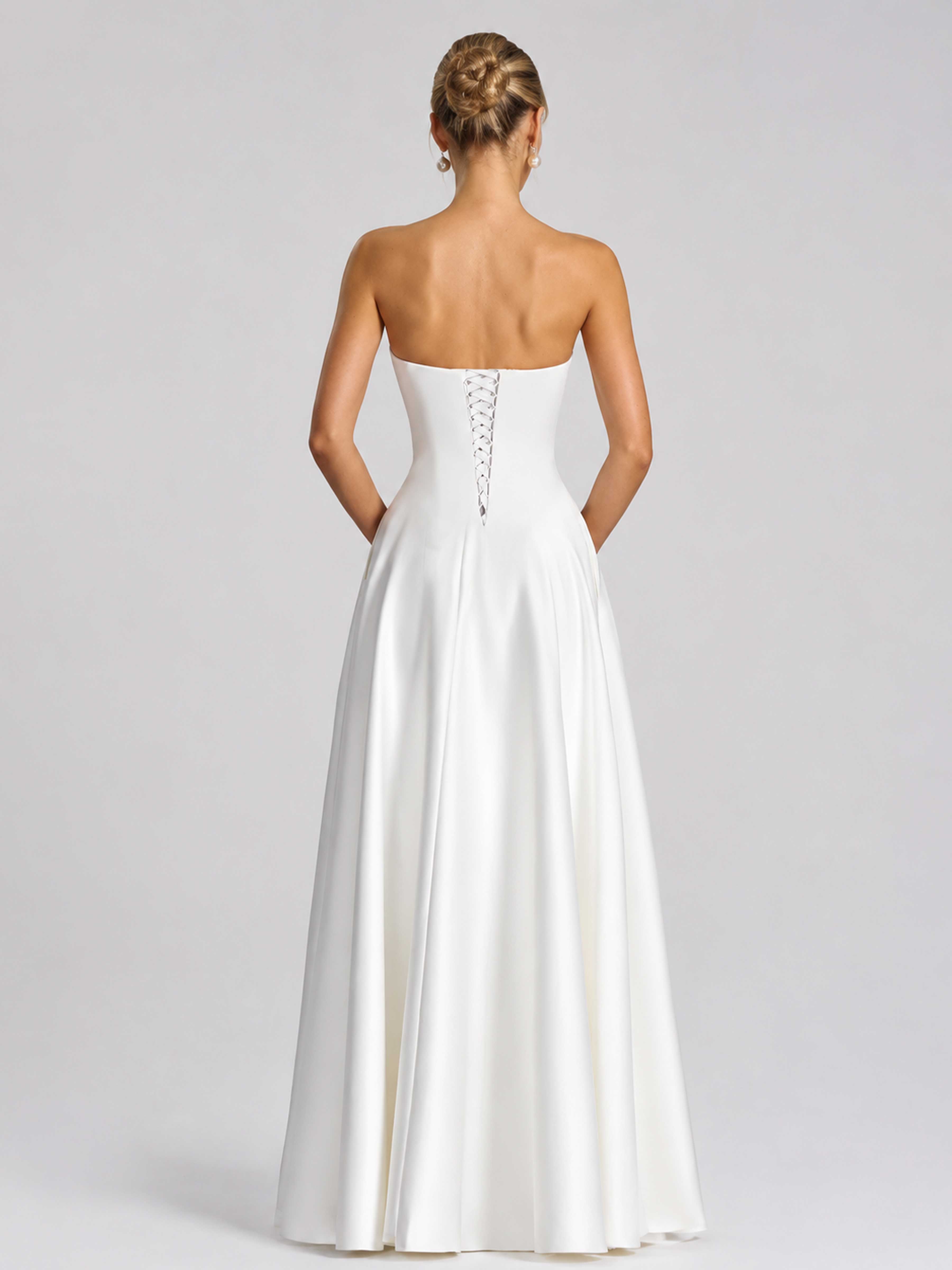 Soleira Strapless Ruched Satin A-Line Evening Gown with Pockets