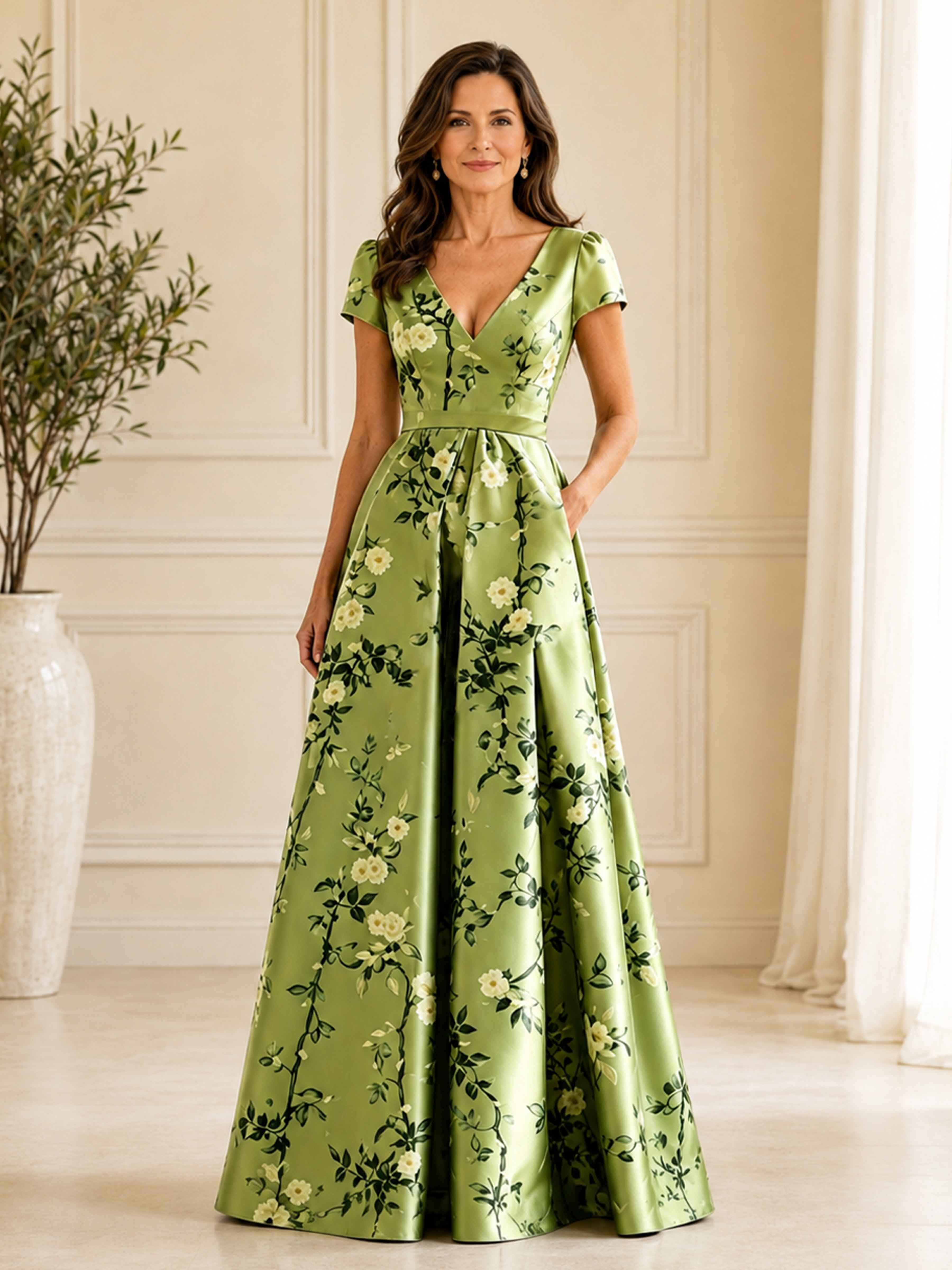 Coraliea Elegant Floral Print V Neck Short Sleeve Satin Mother of the Bride Dress