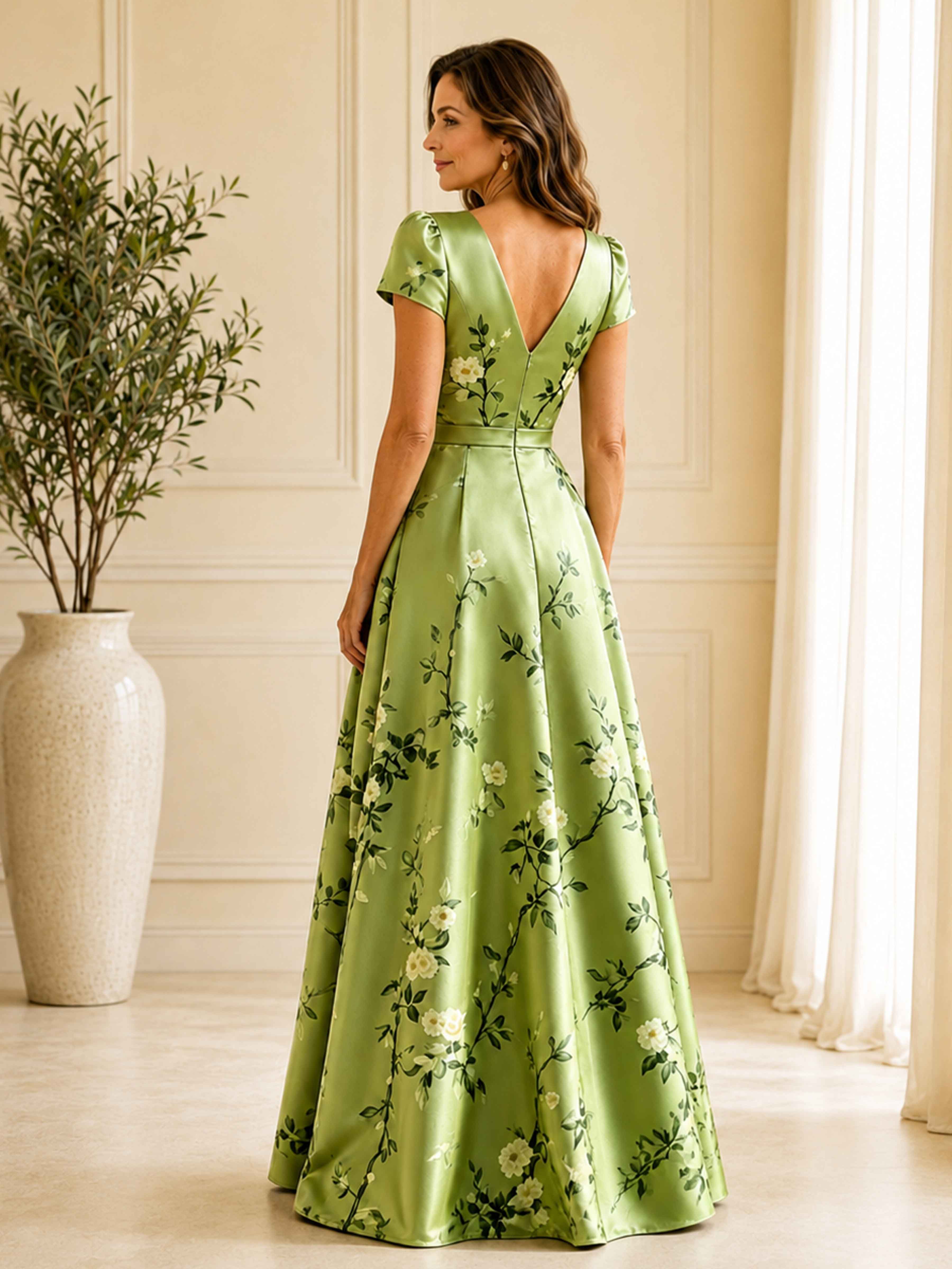 Coraliea Elegant Floral Print V Neck Short Sleeve Satin Mother of the Bride Dress