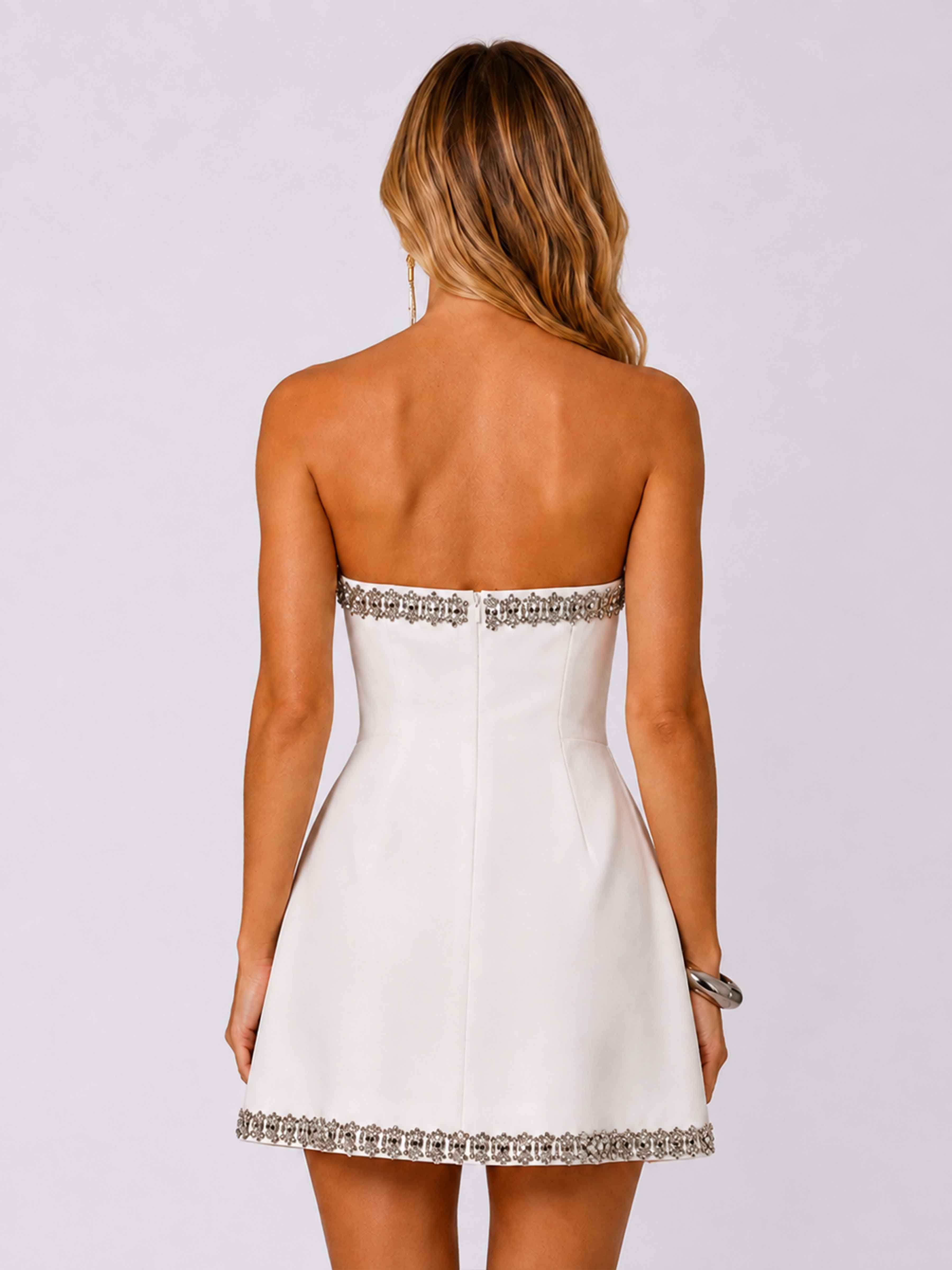 Mavelle Glamorous Beaded Trim Strapless Mini Homecoming Dress