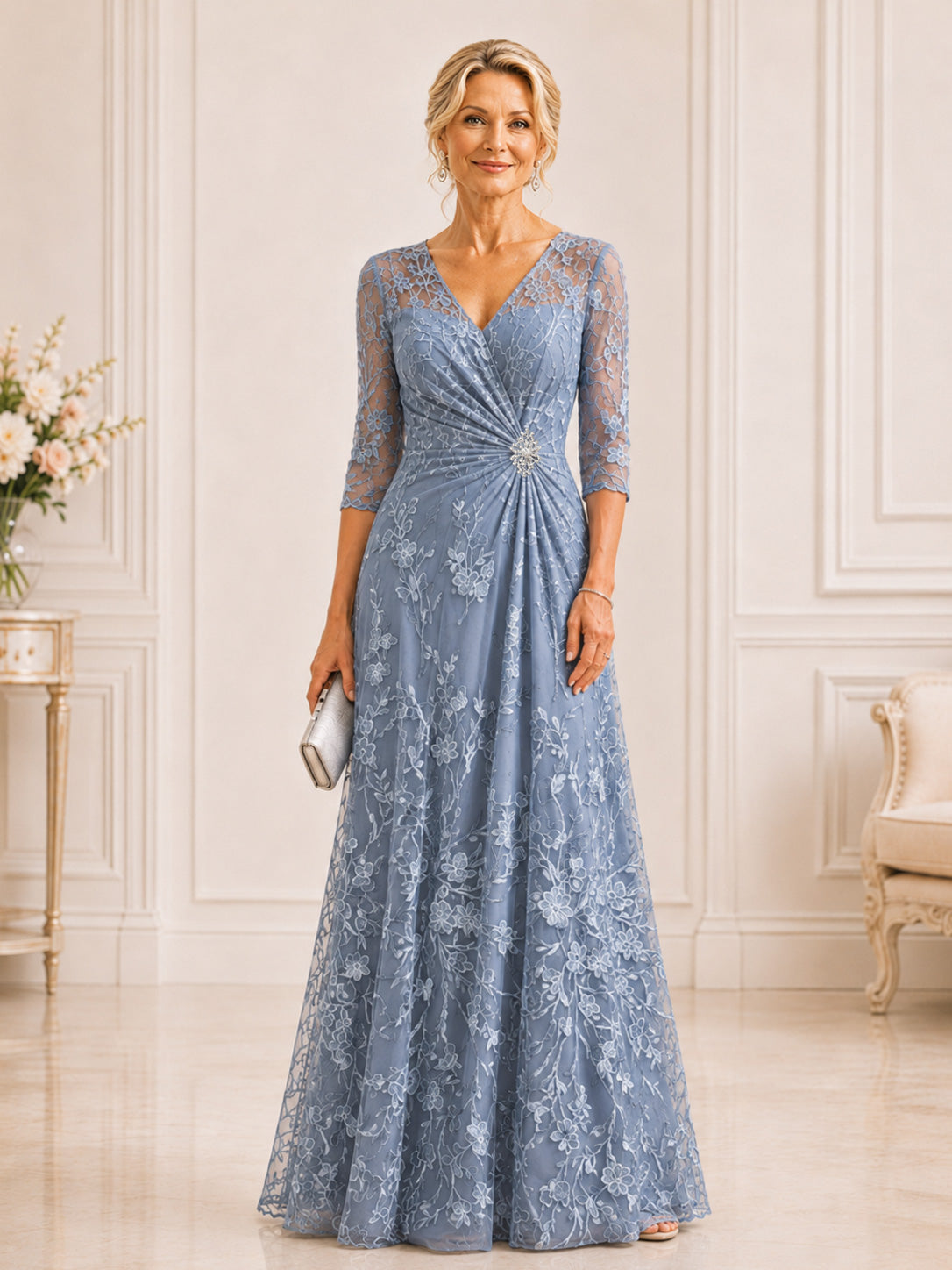Isavelle V-Neck 3/4 Sleeve Lace Ruched A-Line Mother of the Bride Dress