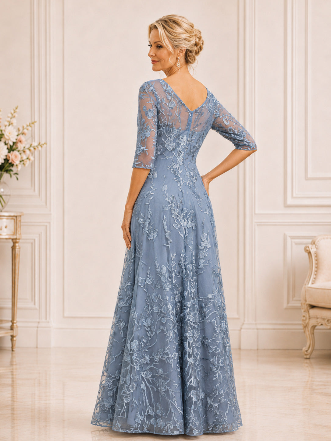 Isavelle V-Neck 3/4 Sleeve Lace Ruched A-Line Mother of the Bride Dress