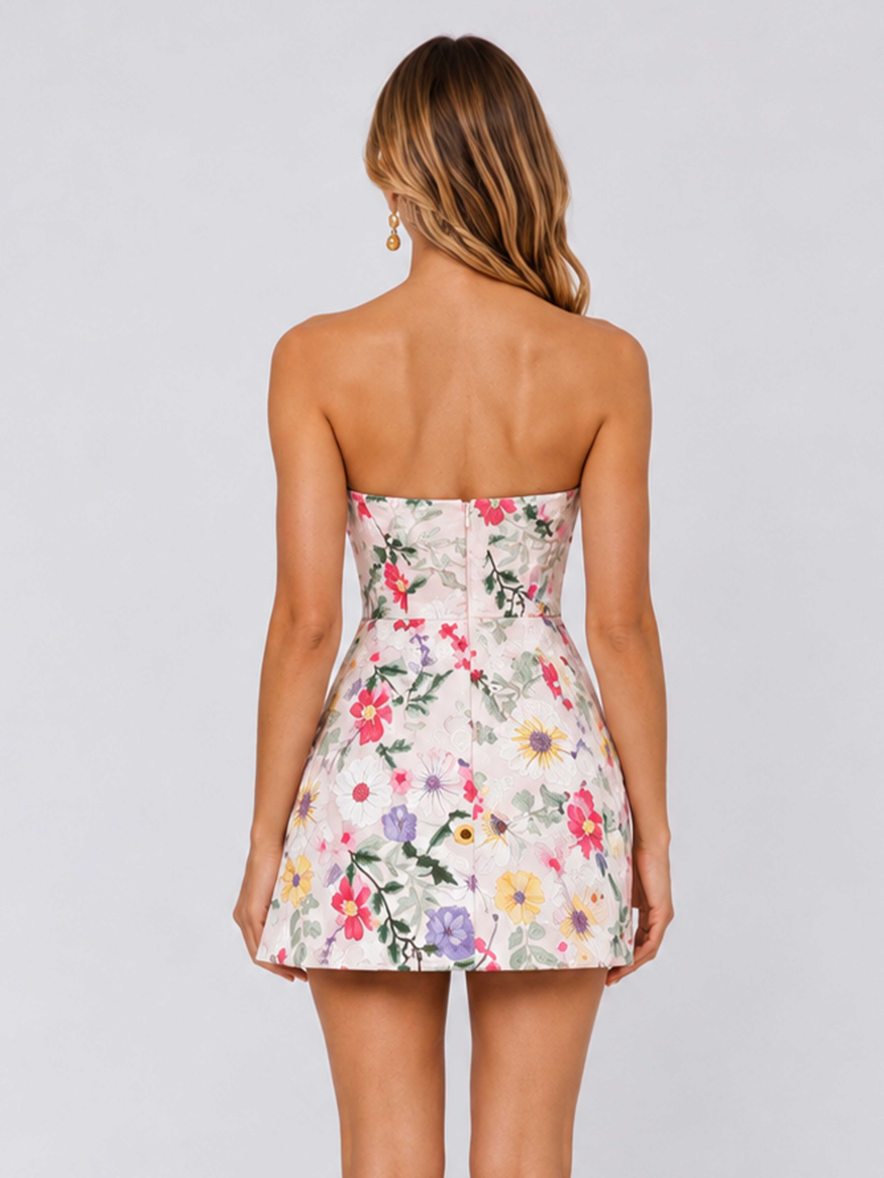 Floravie Strapless Floral Embroidered Mini Homecoming Dress