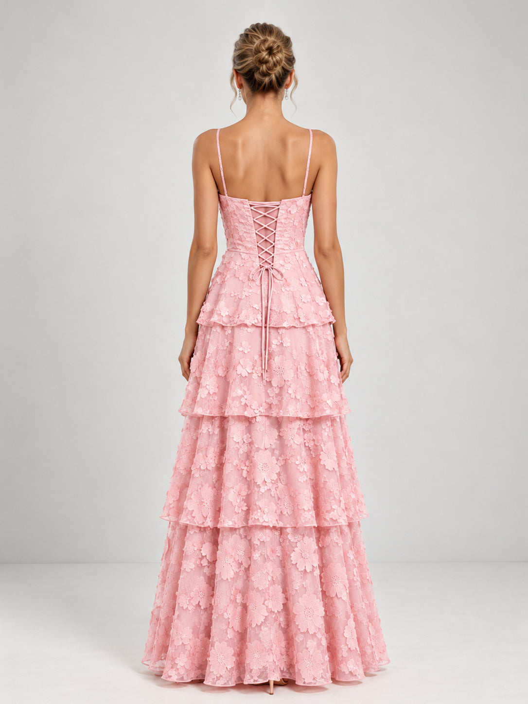 Celesielle Romantic Spaghetti Straps Sweetheart Tiered Bridesmaid Dress with Lace‑Up Back