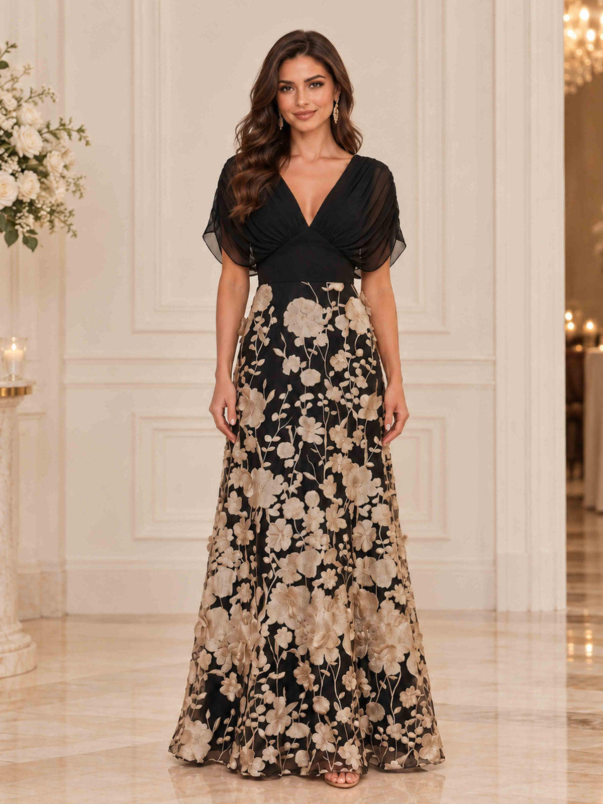 Ismerella Elegant V Neck Flutter Sleeves Chiffon 3D Floral Applique Mother of the Bride Dress