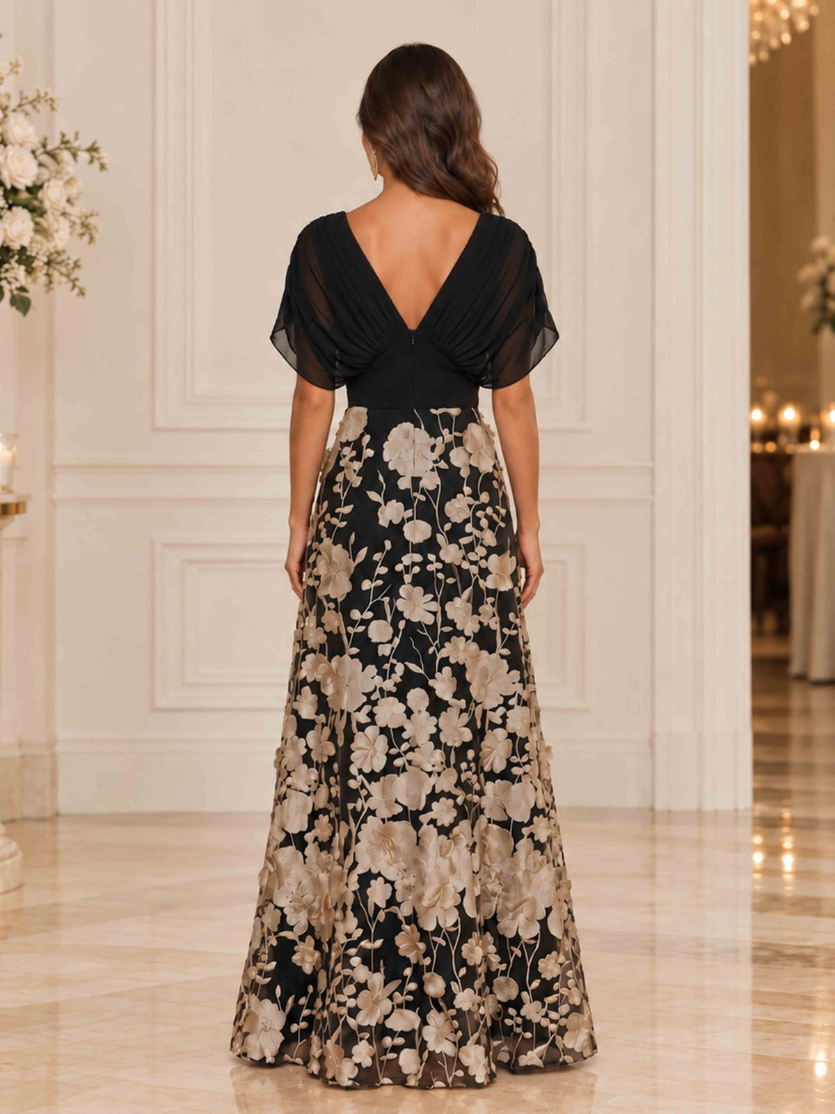 Ismerella Elegant V Neck Flutter Sleeves Chiffon 3D Floral Applique Mother of the Bride Dress