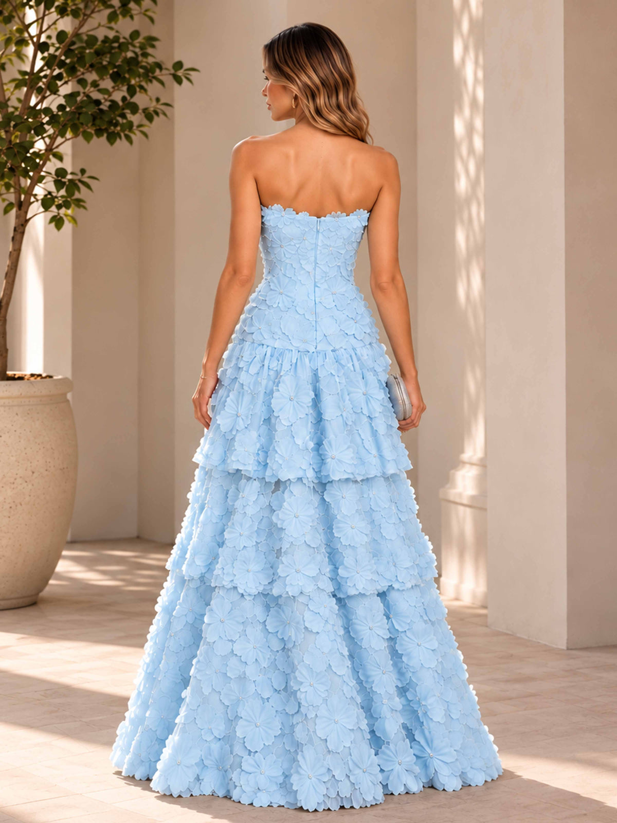 Solavelle Exquisite Strapless 3D Flower Tulle Maxi Dress Layered Tiered Formal Gown for Bridesmaid Prom Party