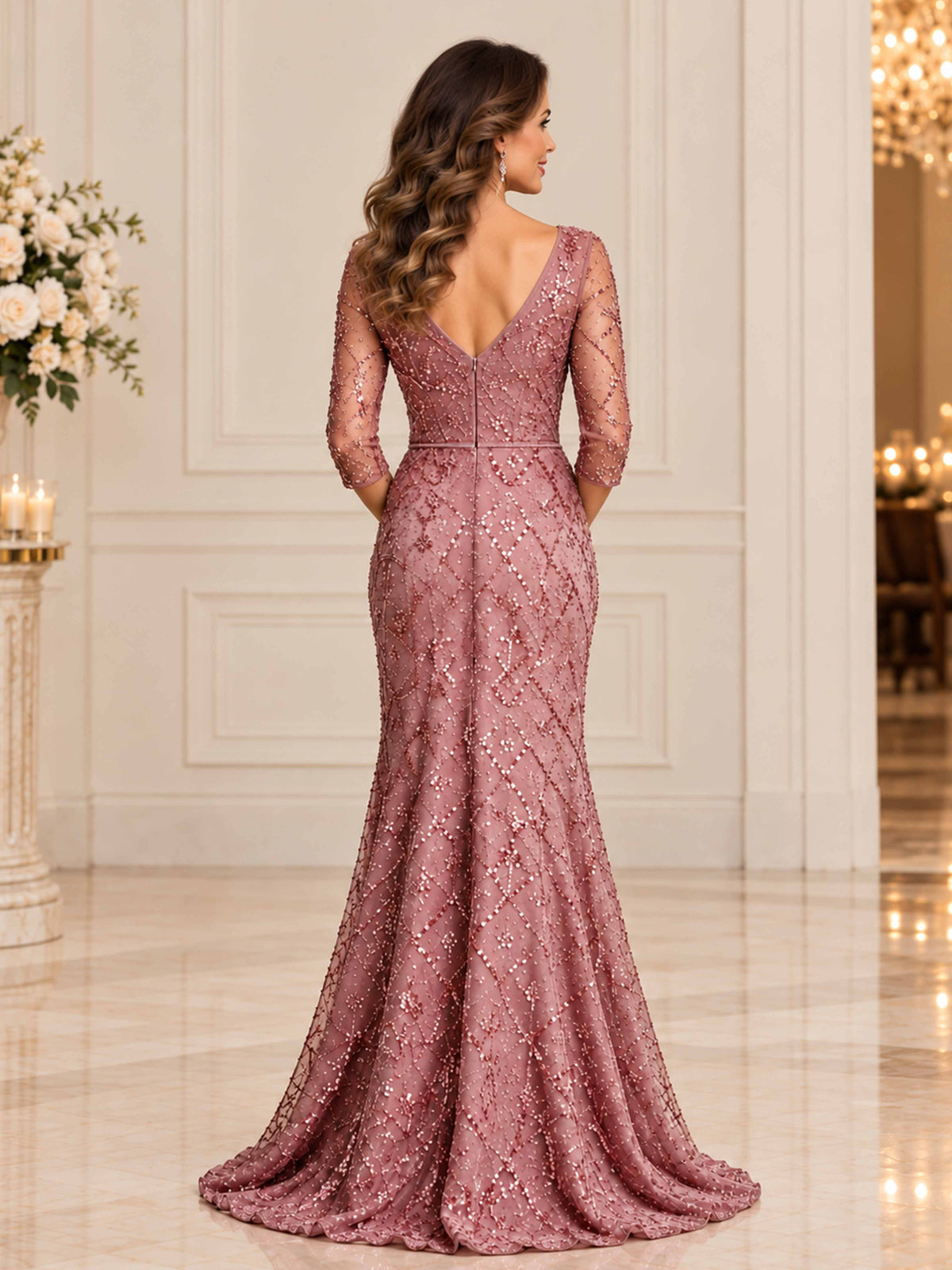 Vionarie Exquisite Deep V Neck Sheer 3/4 Sleeve Formal Dress