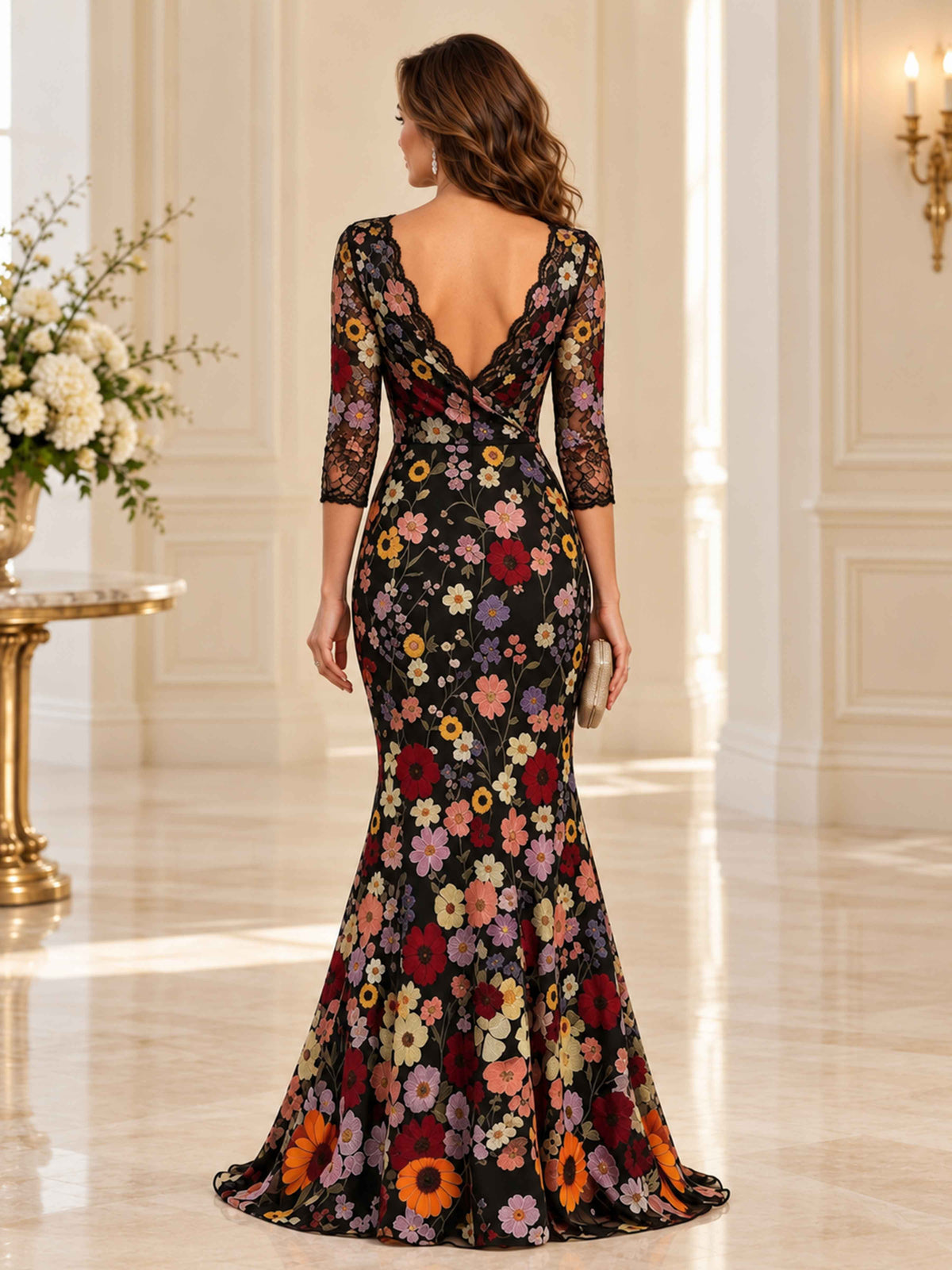 Thalivie Breathtaking V-Neck Floral Embroidery 3/4 Sleeve Floor Length Mother of the Bride Dress