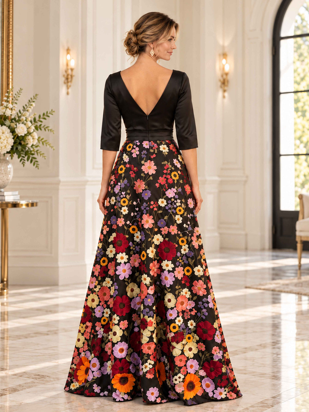 Sorelia Elegant 3/4 Sleeve V Neck Floral Print A Line Long Mother of the Bride Dress