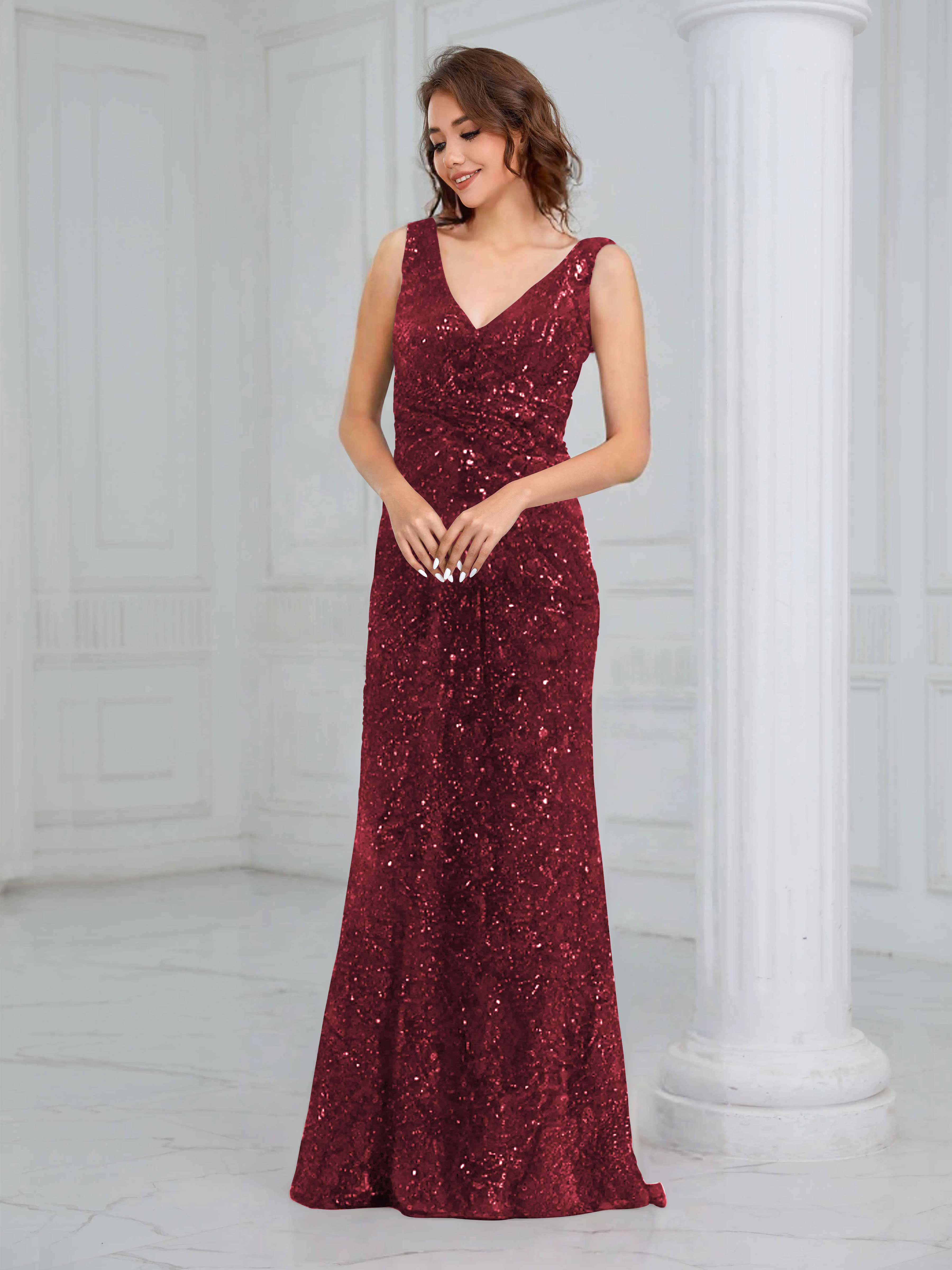 Leslie Glamorous Sheath V Neck Sequins Long Formal Dresses, Burgundy Leslie Glamorous Sheath V Neck Sequins Long Formal Dresses, Burgundy