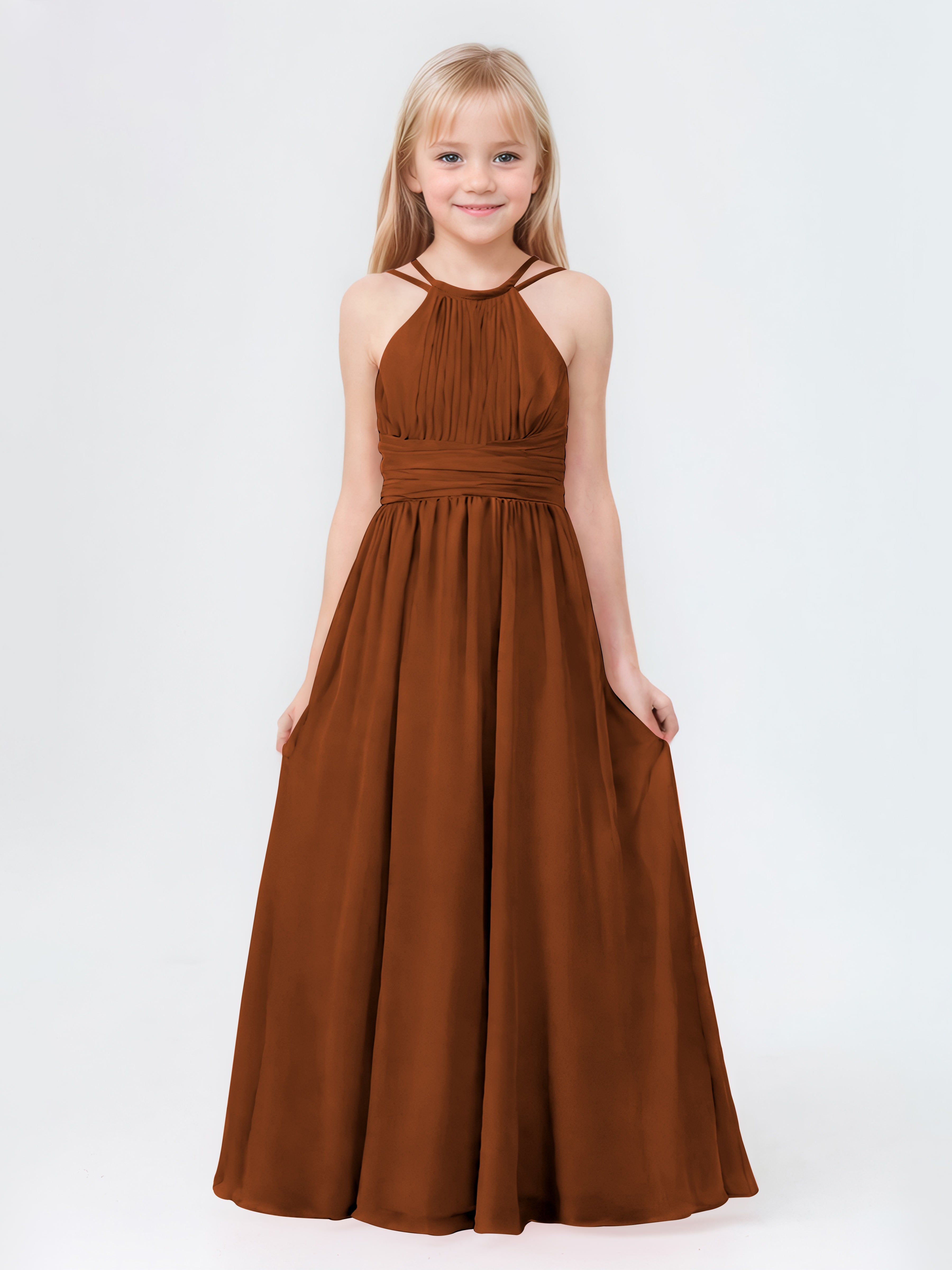A-Line Halter Pleated Long Chiffon Junior Bridesmaid Dresses