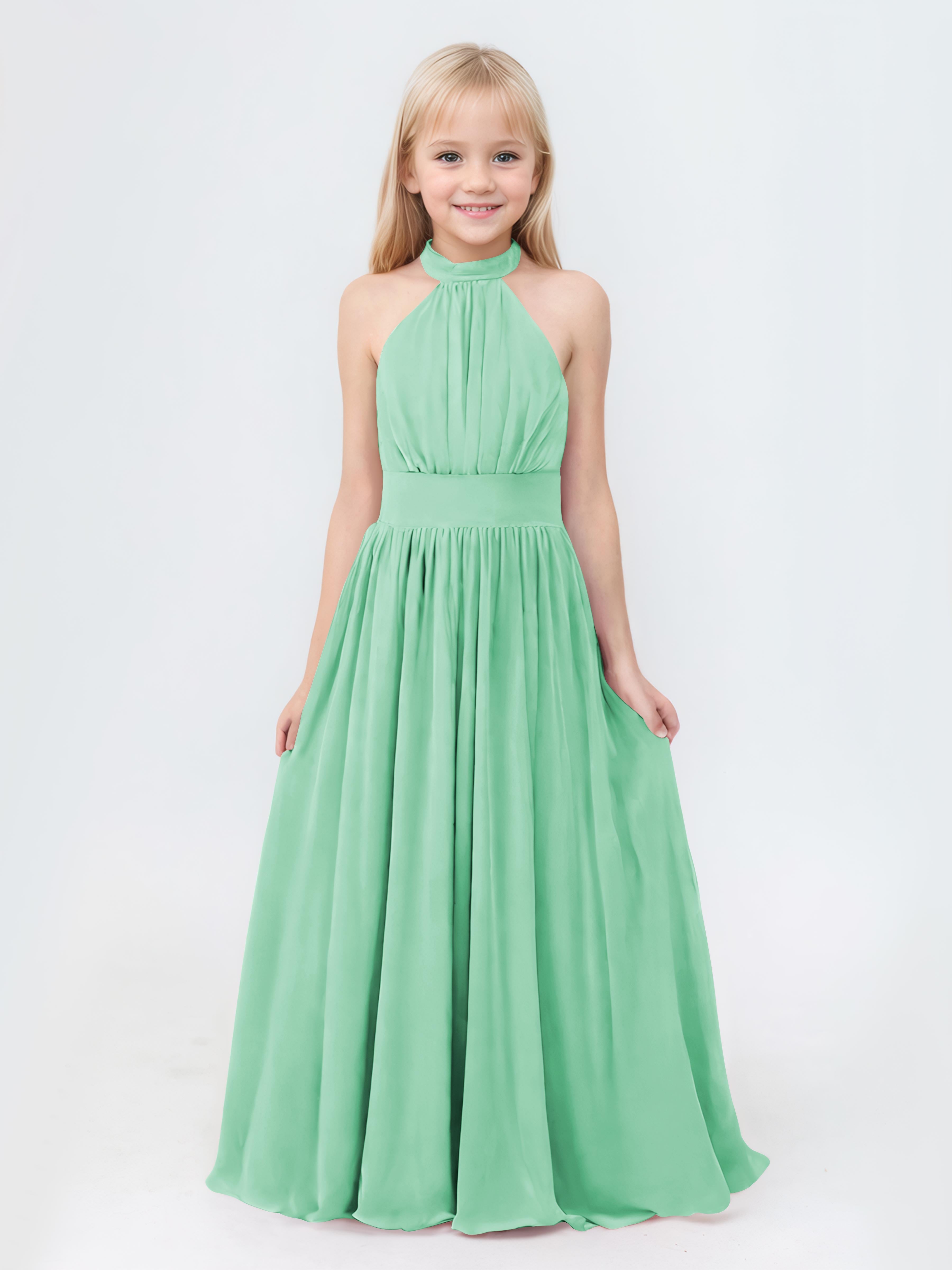 A-Line Halter Ruched Floor Length Chiffon Junior Bridesmaid Dresses A-Line Halter Ruched Floor Length Chiffon Junior Bridesmaid Dresses