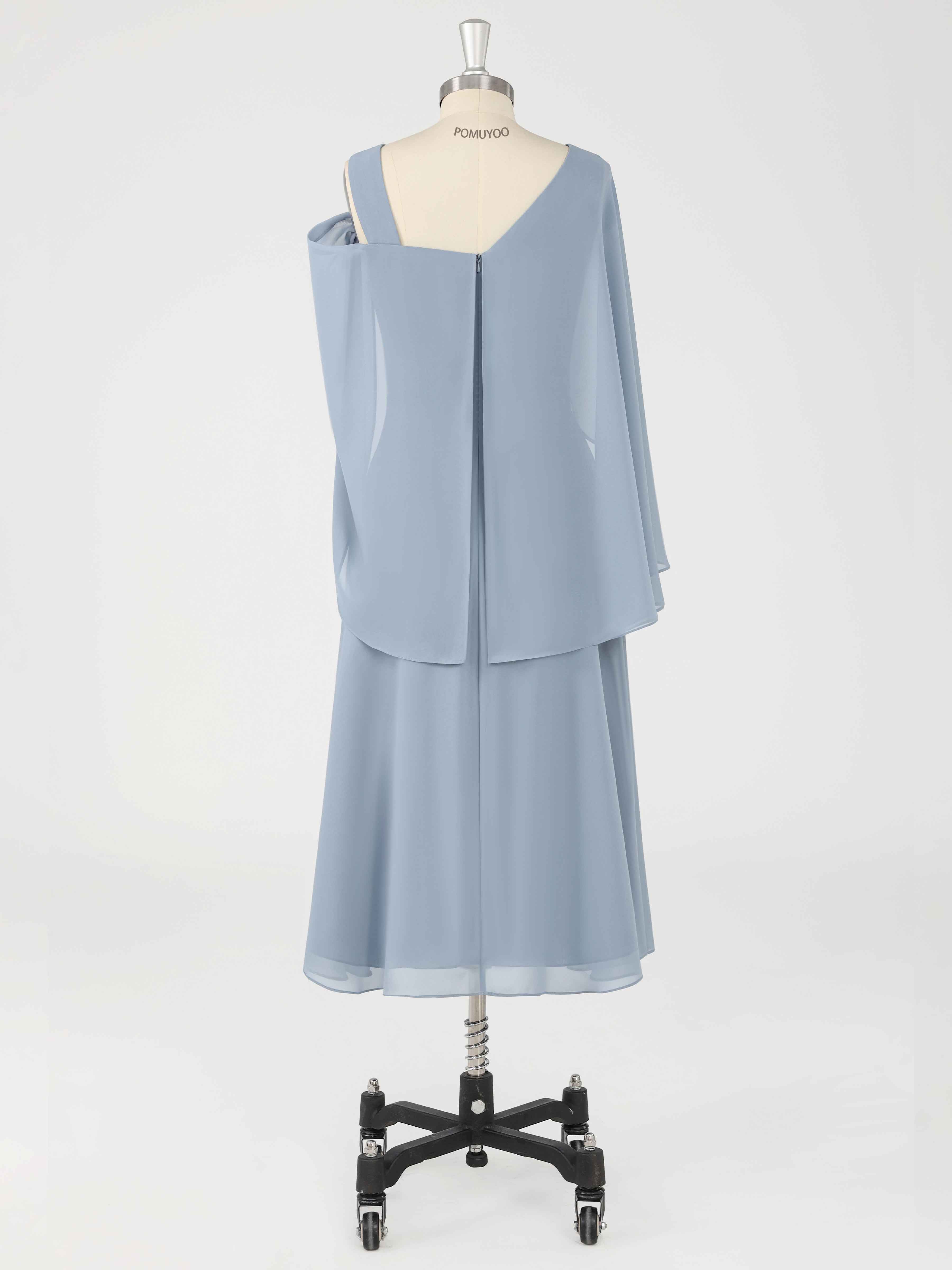 A-Line One Shoulder Beading Tea Length Chiffon Mother of the Bride Dresses With Cape