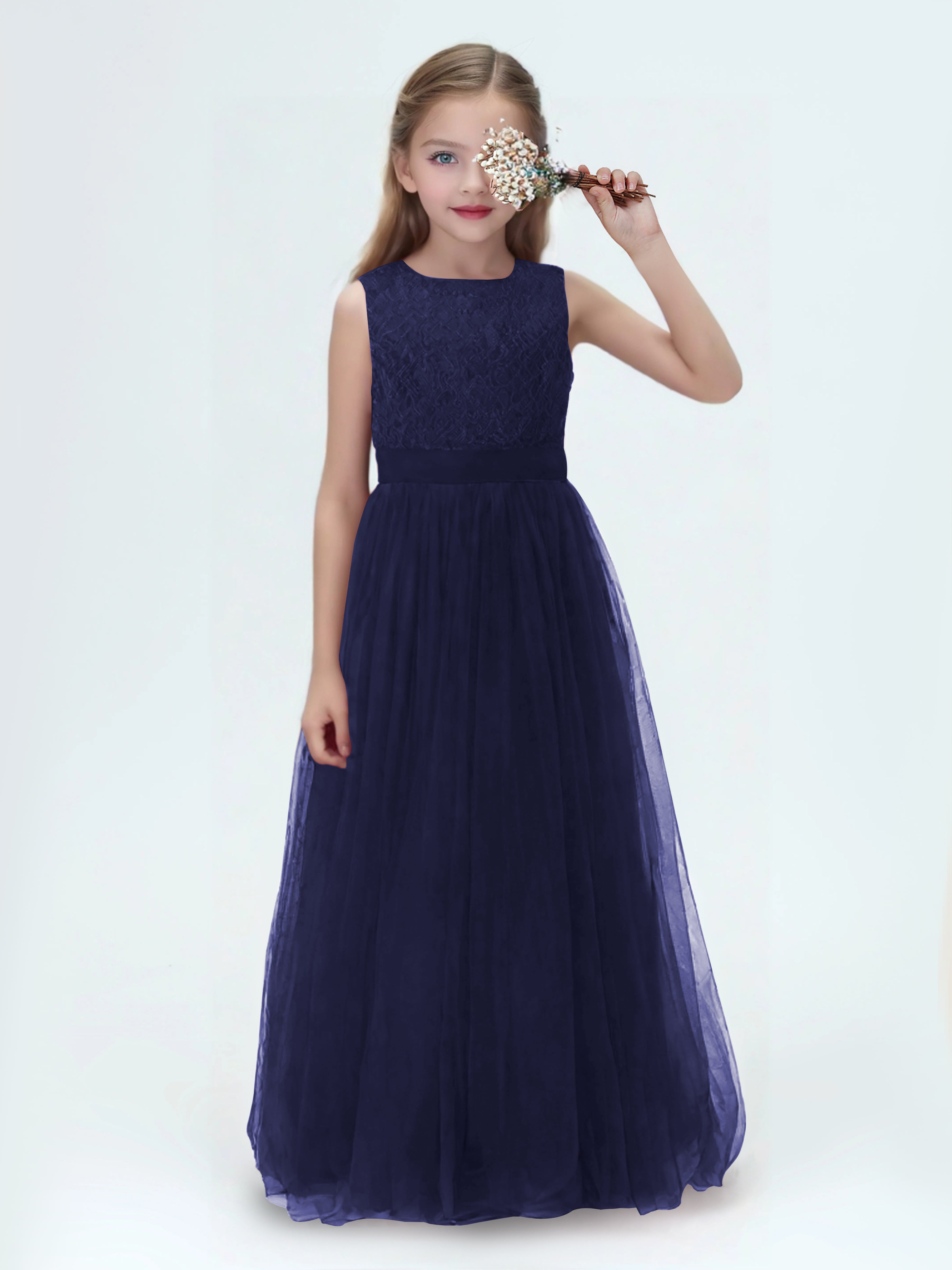 A-Line Sleeveless Long Lace Tulle Junior Bridesmaid Dresses A-Line Sleeveless Long Lace Tulle Junior Bridesmaid Dresses