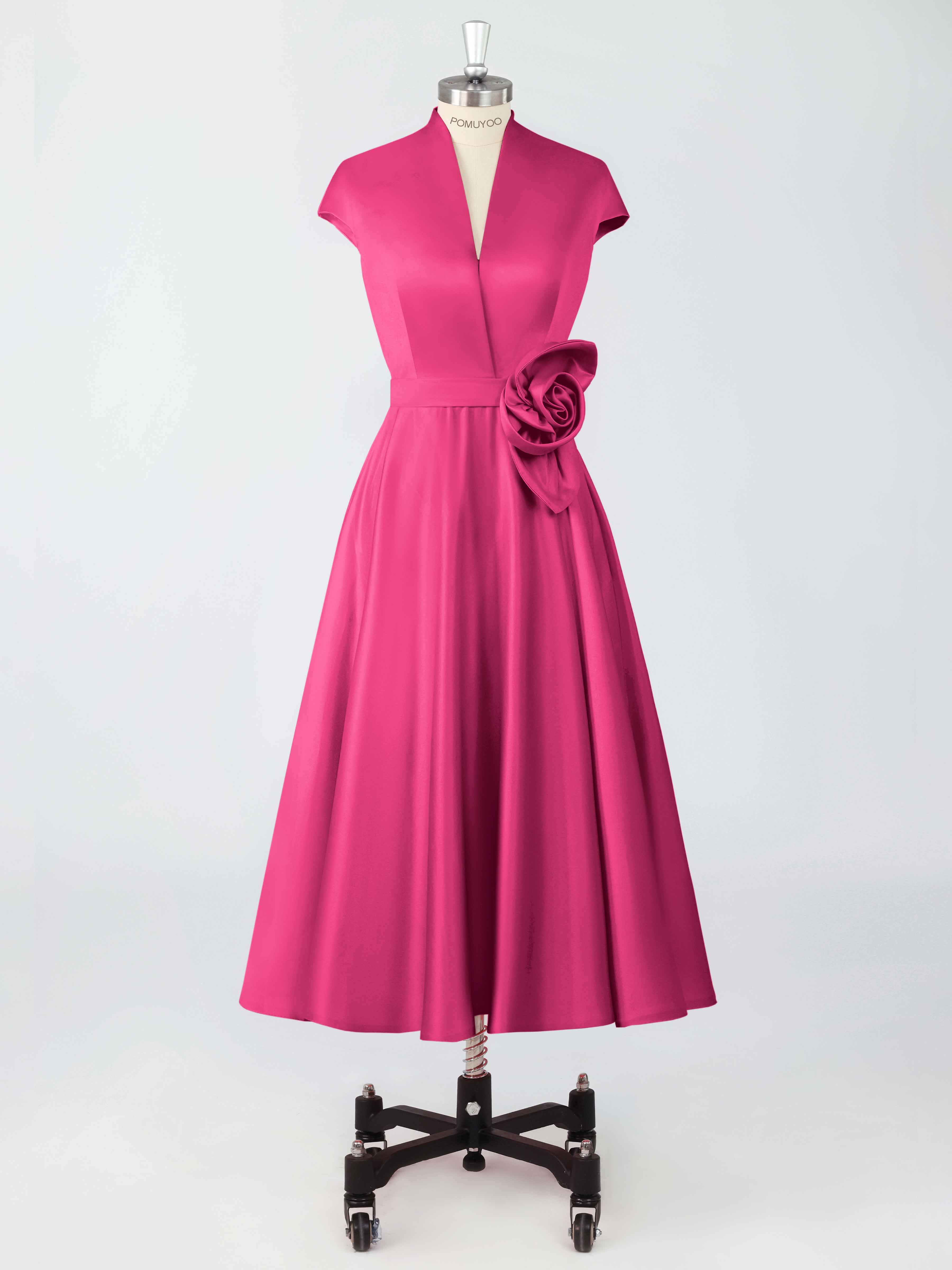 v neck cap sleeve dress A-Line V-Neck Cap Sleeves Flower Tea Length Pleated Satin Mother of The Bride Dresses, Fuchsia