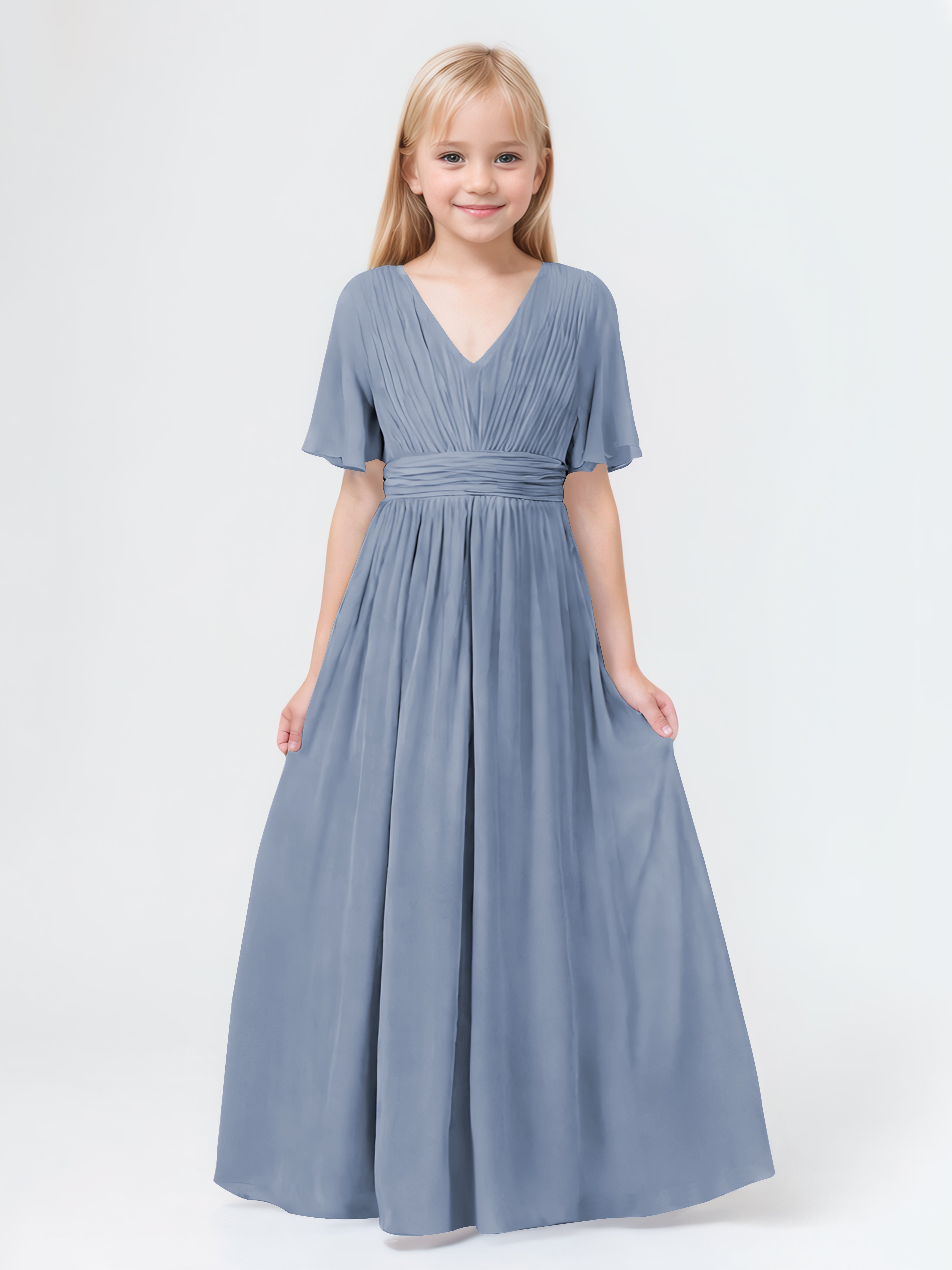 A-Line V Neck Short Sleeves Chiffon Junior Bridesmaid Dresses A-Line V Neck Short Sleeves Chiffon Junior Bridesmaid Dresses