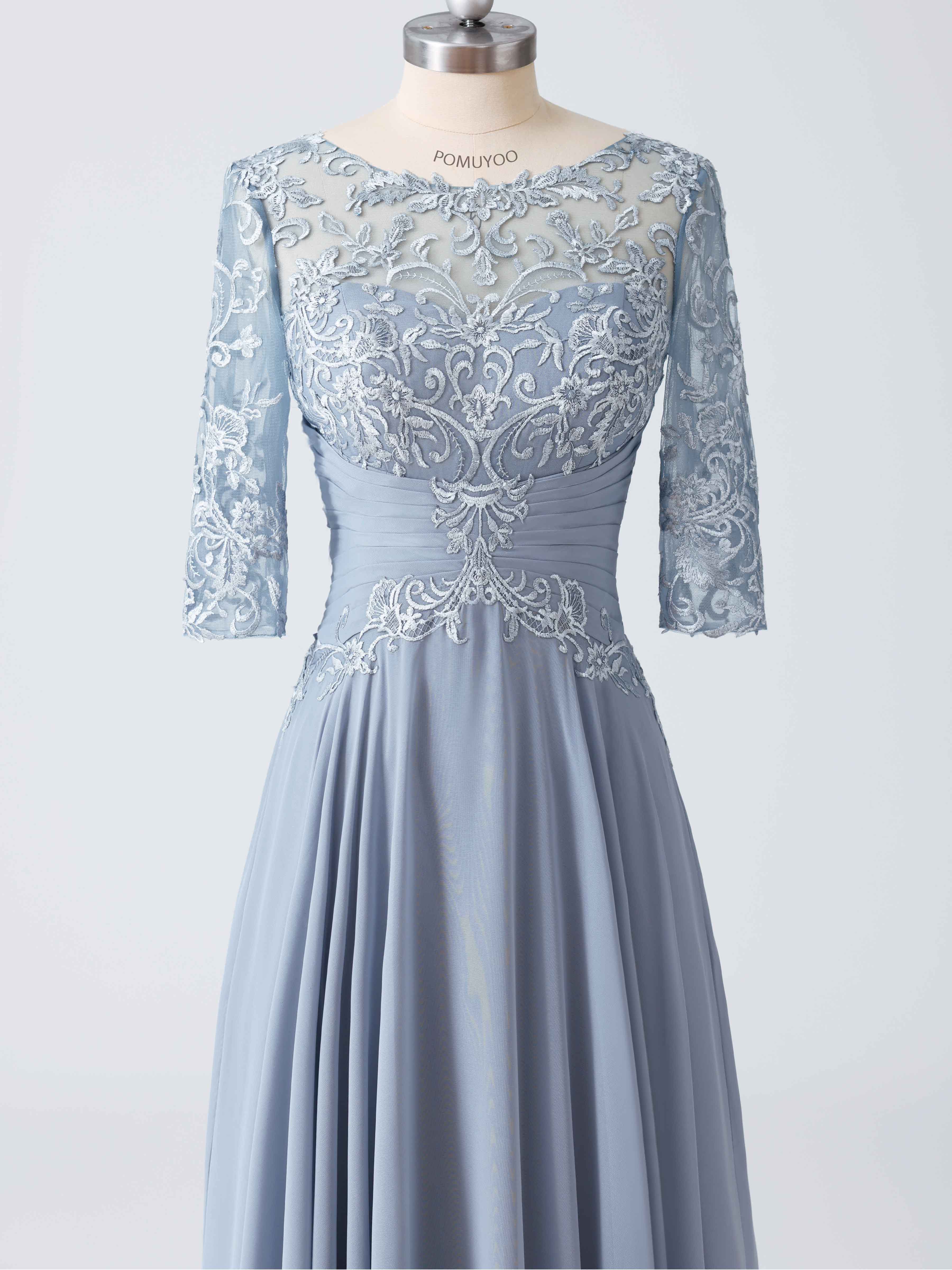 A-line Illusion Pleated Floor Length Lace Chiffon Mother of the Bride Dresses