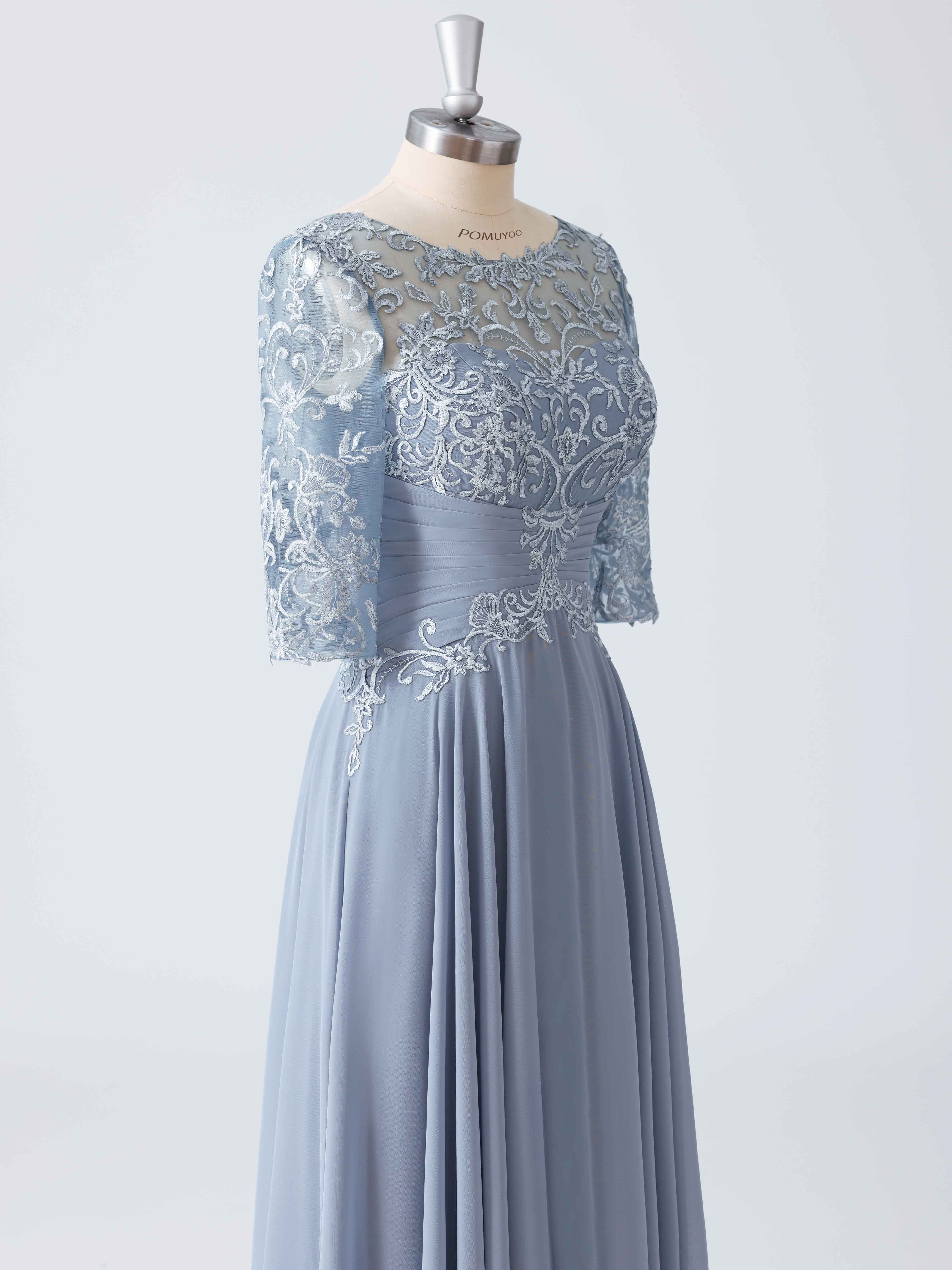 A-line Illusion Pleated Floor Length Lace Chiffon Mother of the Bride Dresses