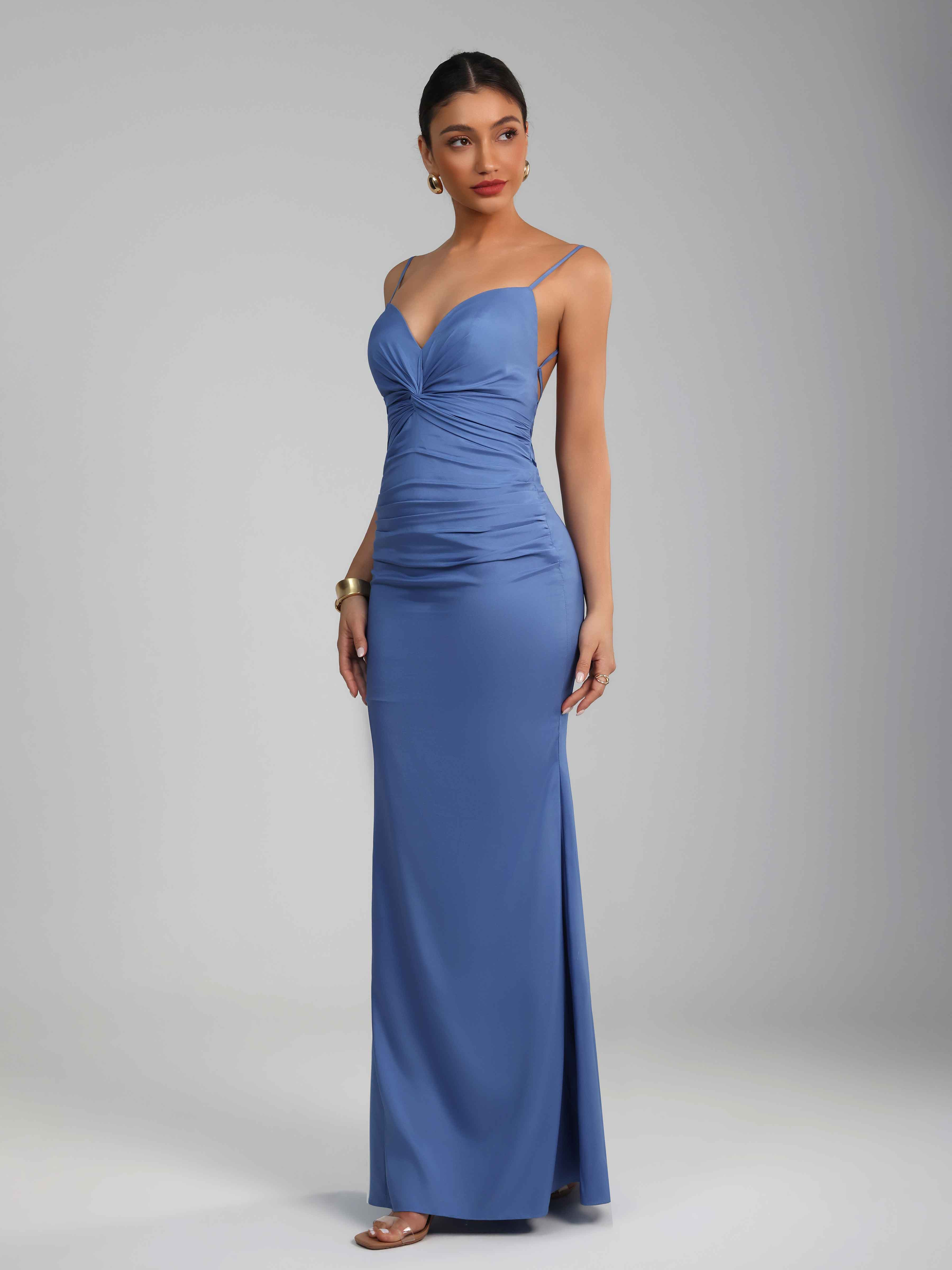 Aelithra Graceful Sheath Spaghetti Straps Pleated Long Satin Prom Dresses