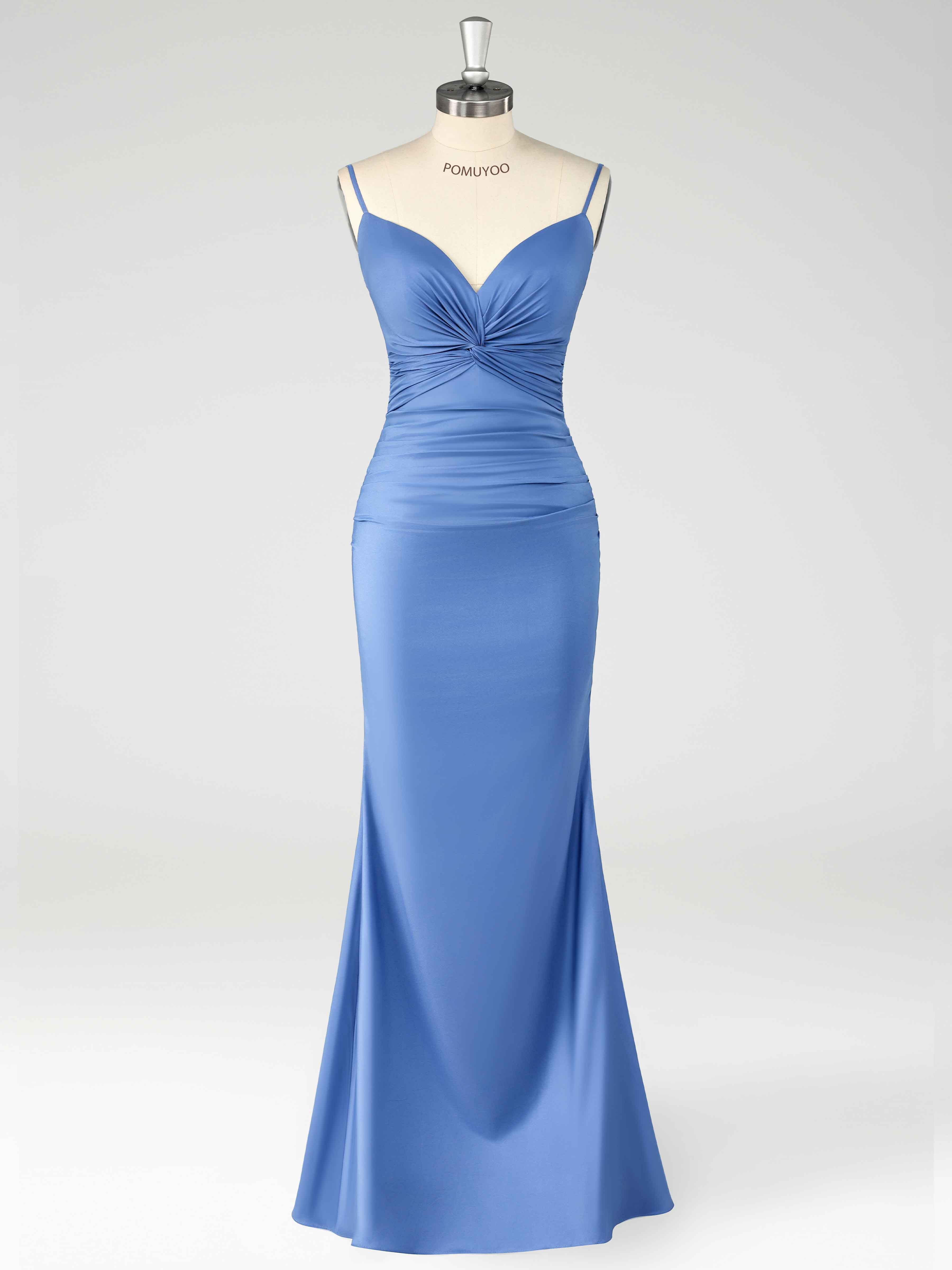Aelithra Graceful Sheath Spaghetti Straps Pleated Long Satin Prom Dresses