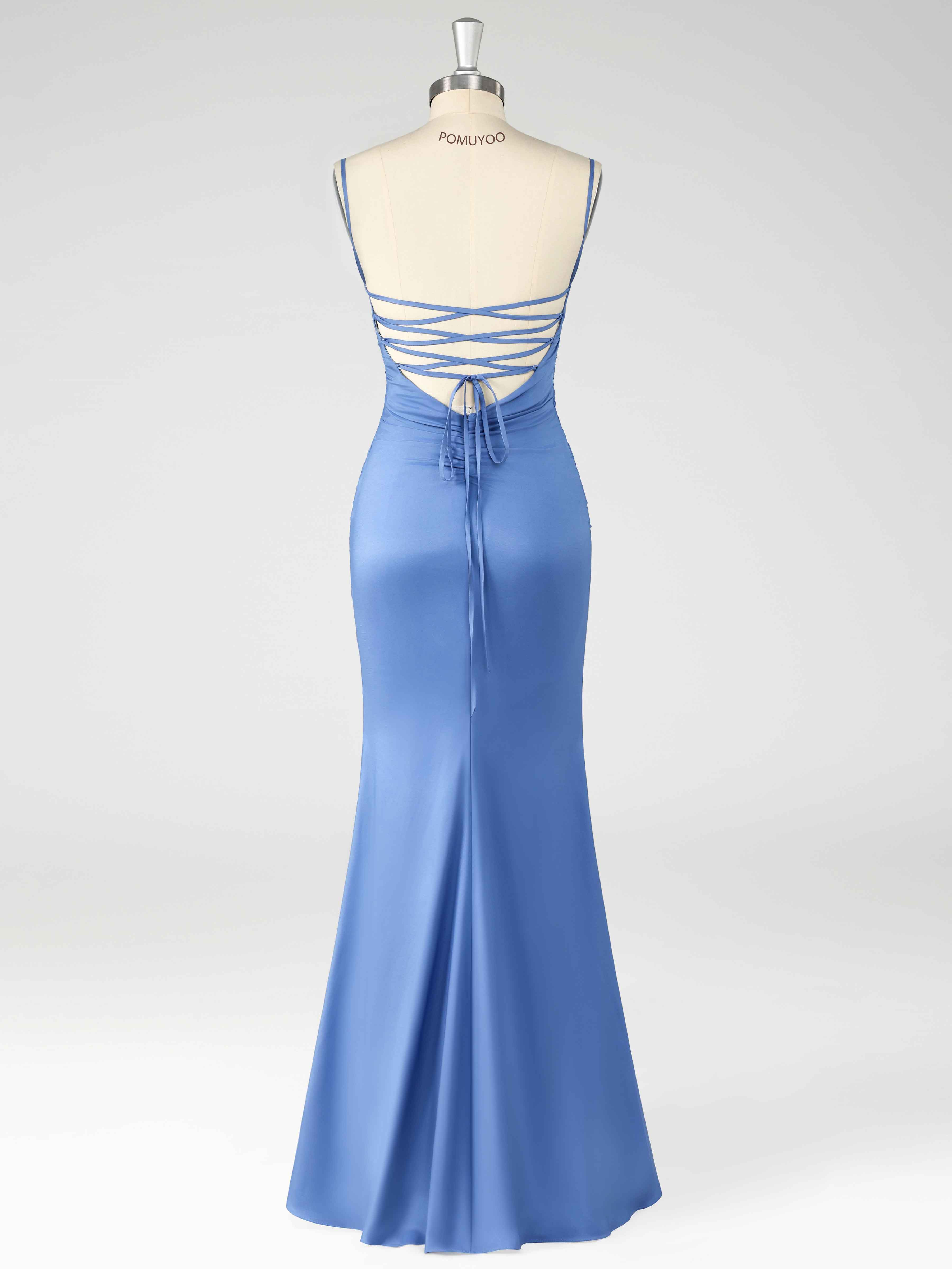 Aelithra Graceful Sheath Spaghetti Straps Pleated Long Satin Prom Dresses