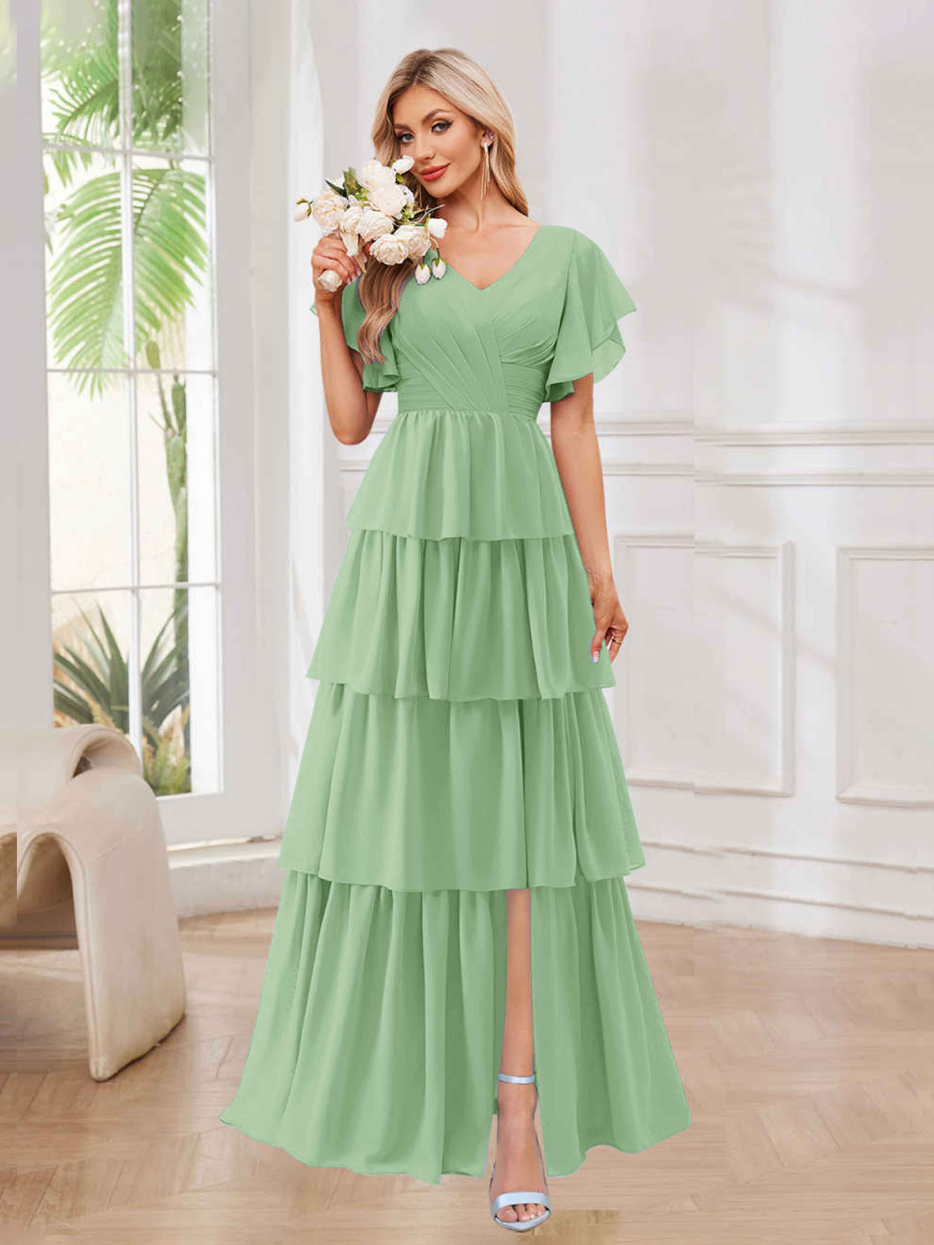 Alena Modest A-Line Tiered Ruffles Floor Length Chiffon Bridesmaid Dresses with Sleeves, Dusty Sage Alena Modest A-Line Tiered Ruffles Floor Length Chiffon Bridesmaid Dresses with Sleeves, Dusty Sage