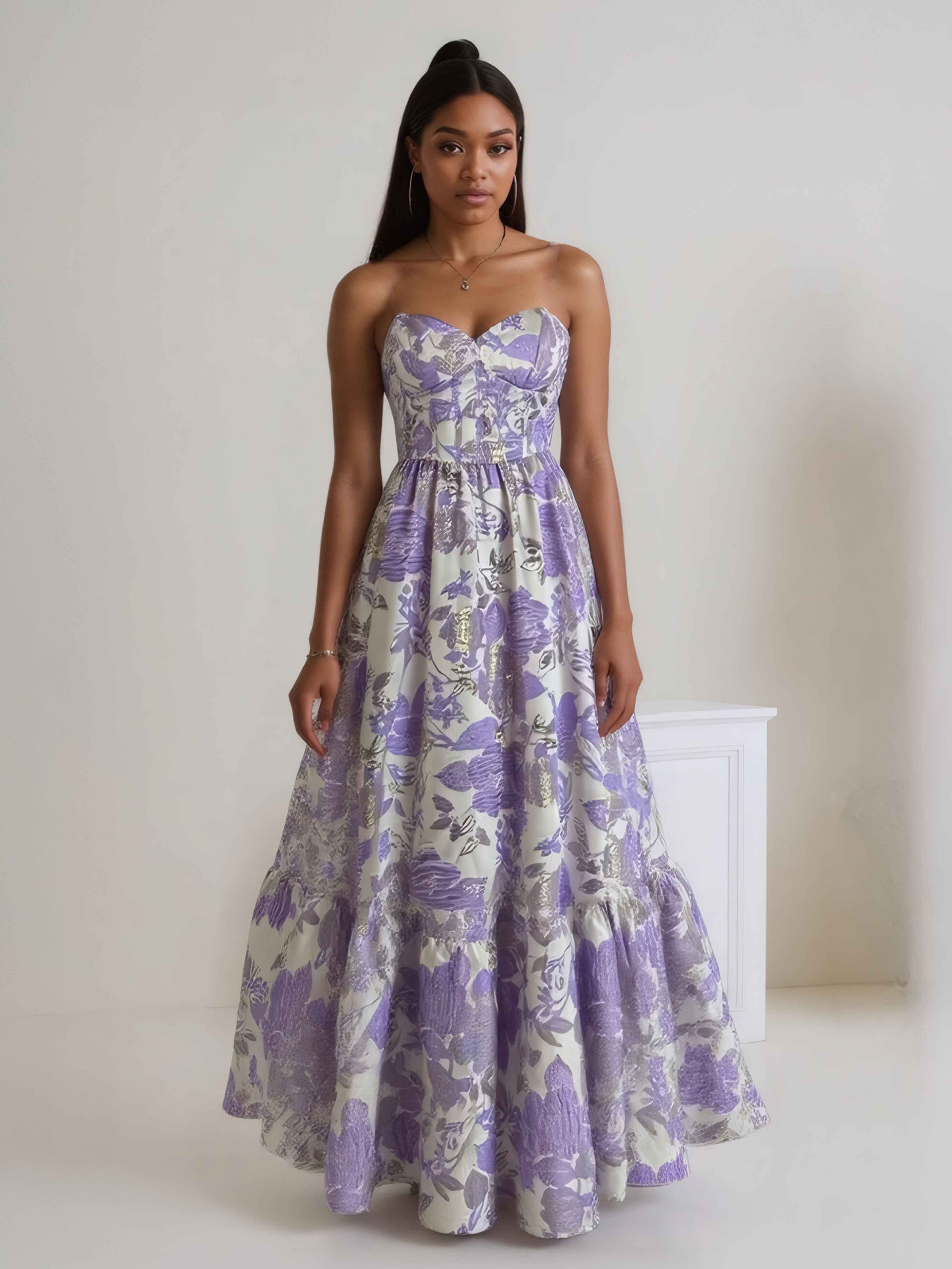 Aliza Chic Strapless Floral Chiffon Long Prom Dresses Aliza Chic Strapless Floral Chiffon Long Prom Dresses