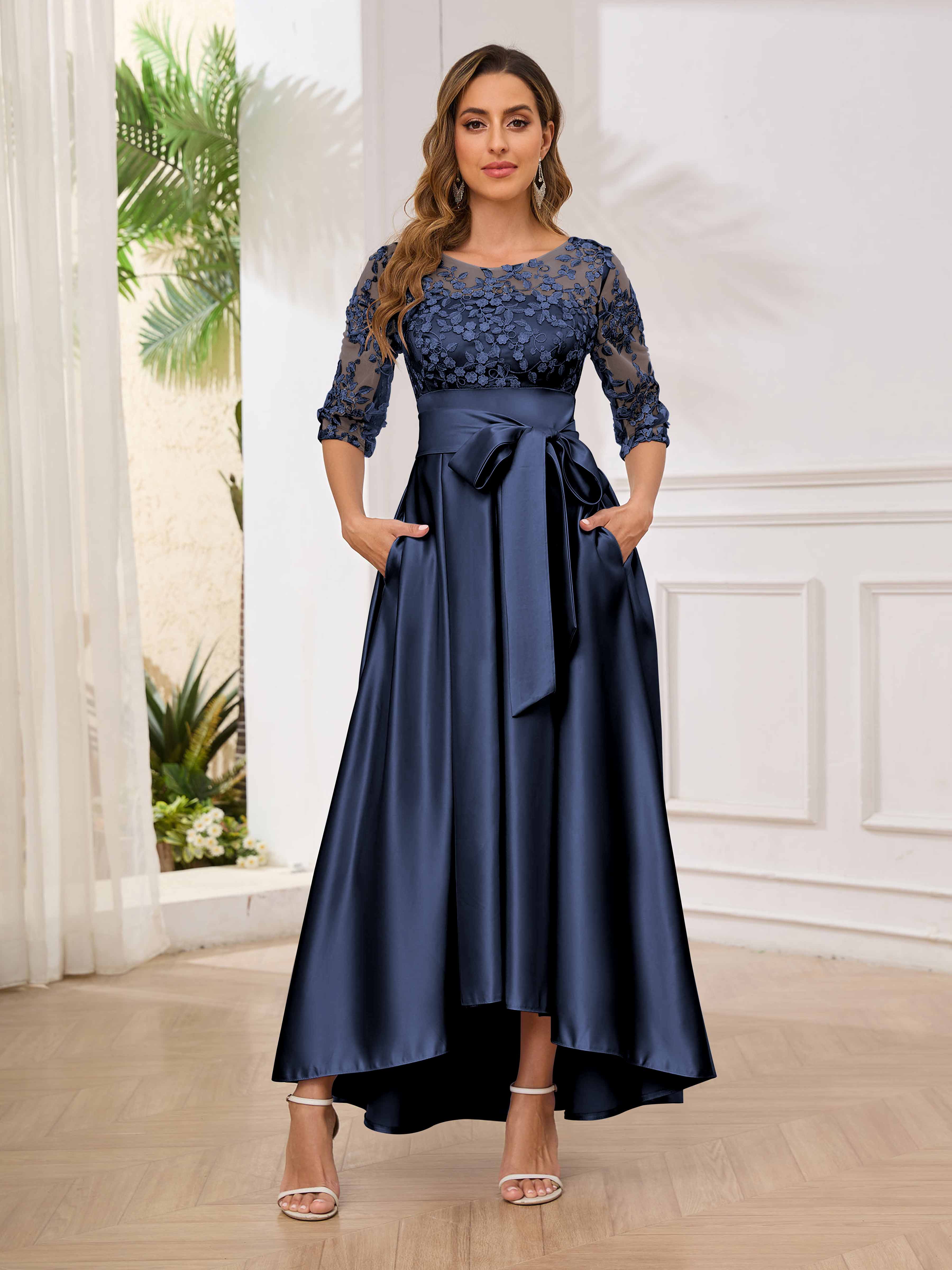 A-Line Lace Illusion Appliques High Low Satin Navy Blue Mother of The Bride & Groom Dresses with Pockets A-Line Lace Illusion Appliques High Low Satin Navy Blue Mother of The Bride & Groom Dresses with Pockets