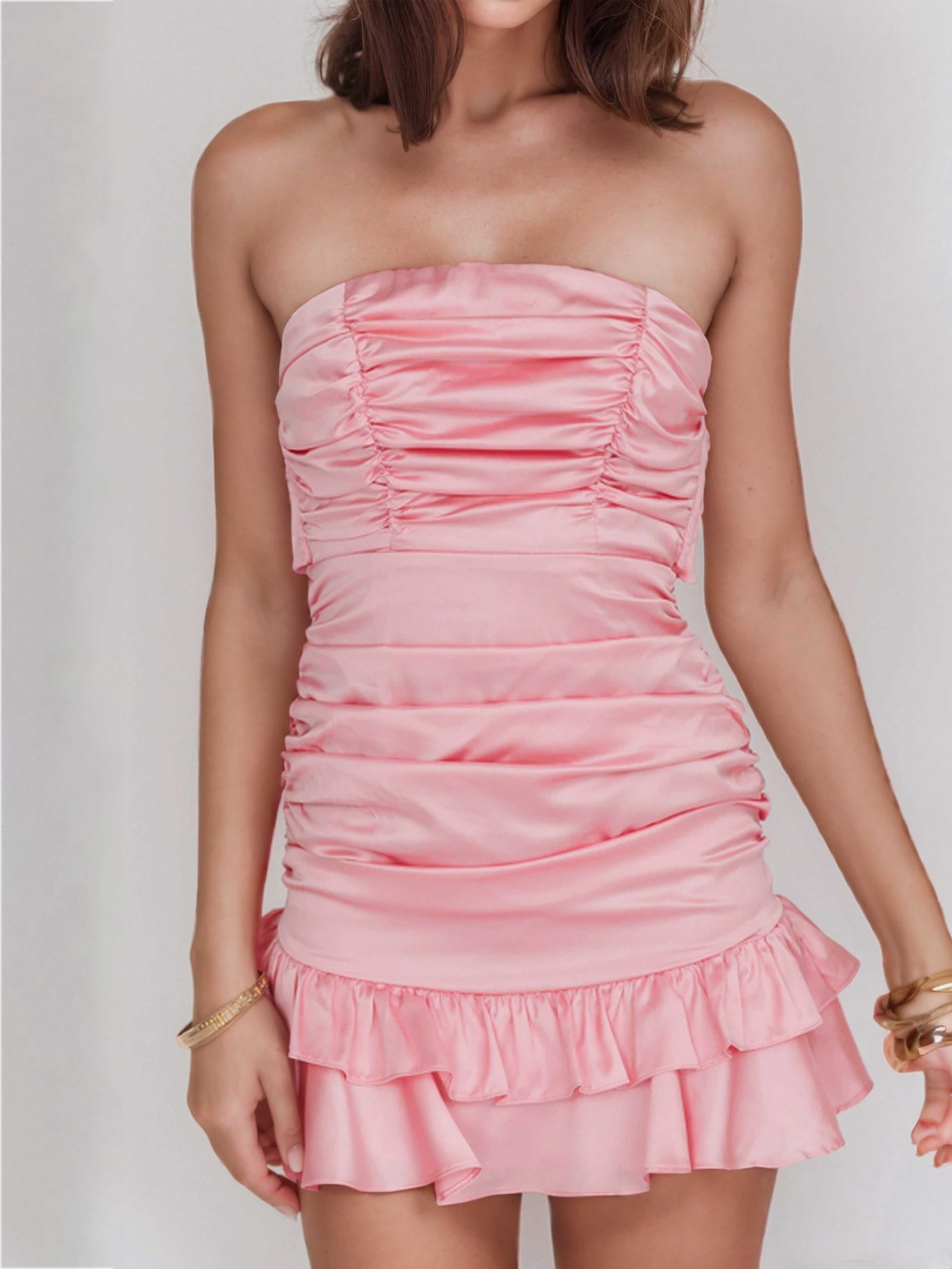 Antonella Strapless Tied Back Pleated Mini Satin Homecoming Dress, As Picture Antonella Strapless Tied Back Pleated Mini Satin Homecoming Dress, As Picture
